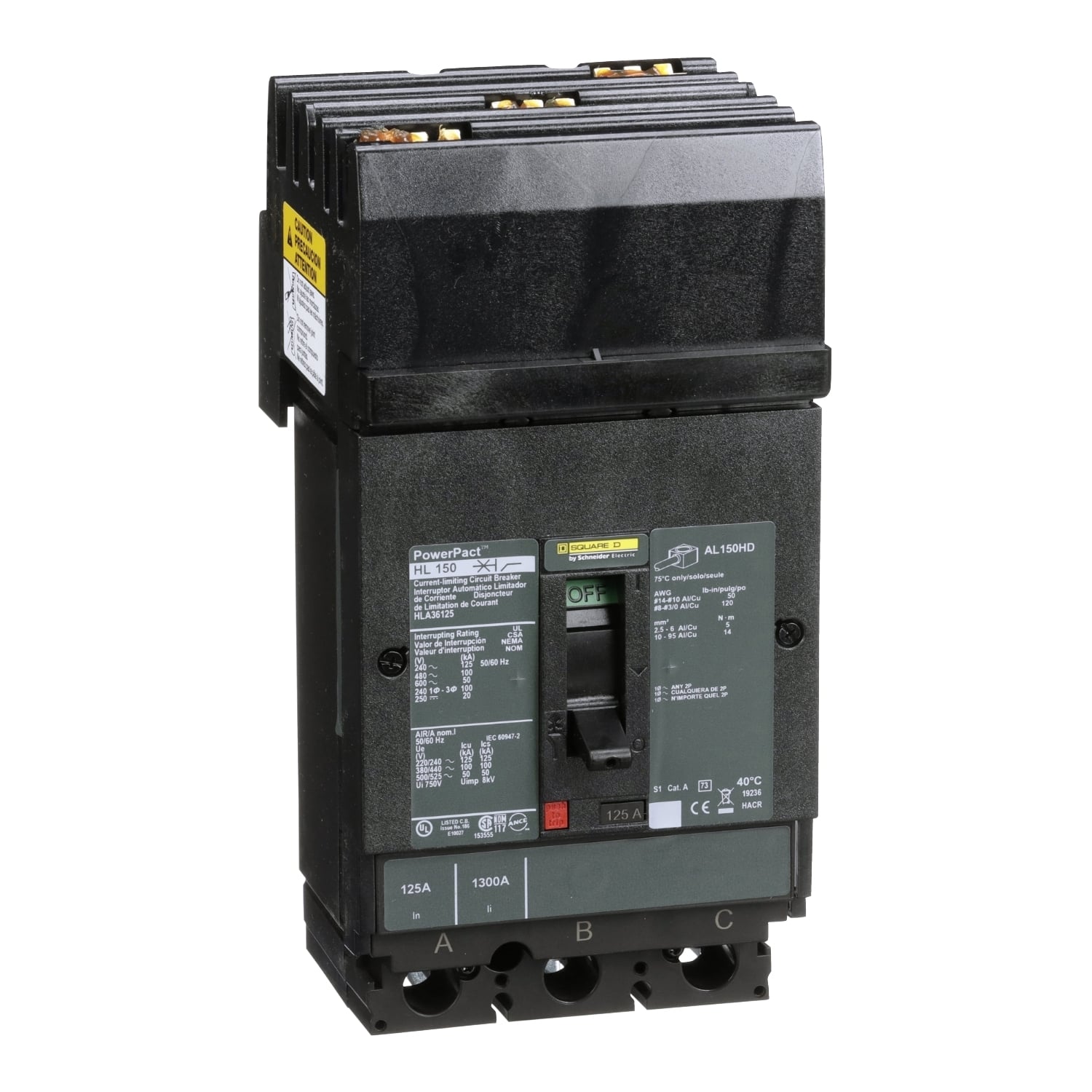 Circuit breaker, PowerPacT H, 125A, 3 pole, 600VAC, 50kA, I-Line, thermal magnetic, 80%, ABC