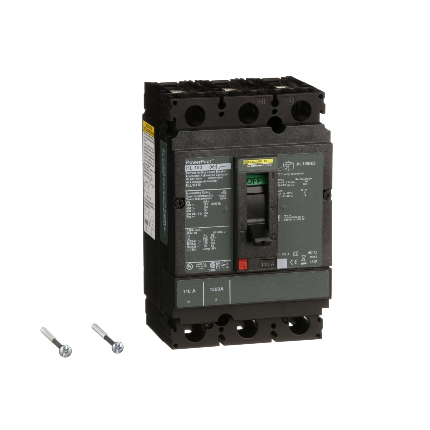 Circuit breaker, PowerPacT H, 110A, 3 pole, 600VAC, 50kA, lugs, thermal magnetic, 80%