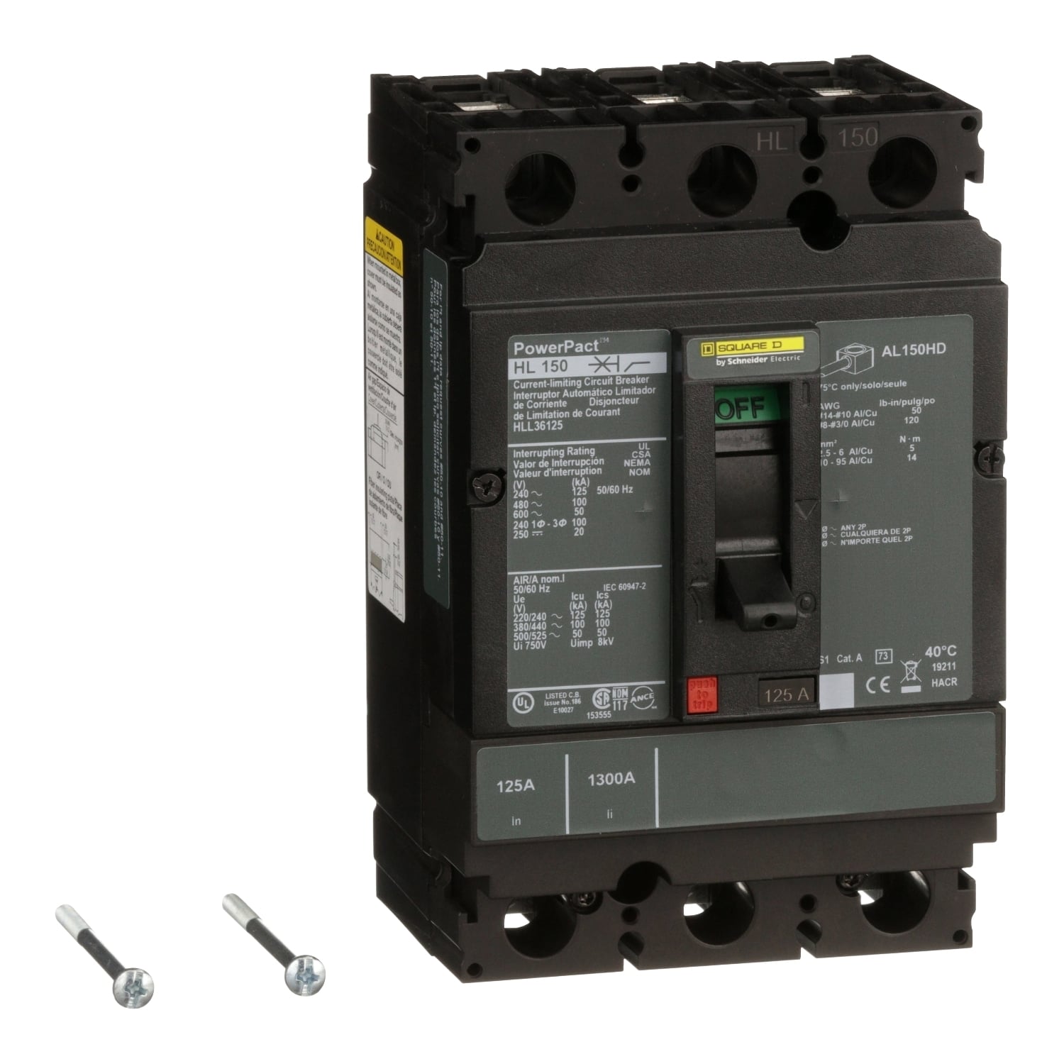 Circuit breaker, PowerPacT H, 125A, 3 pole, 600VAC, 50kA, lugs, thermal magnetic, 80%