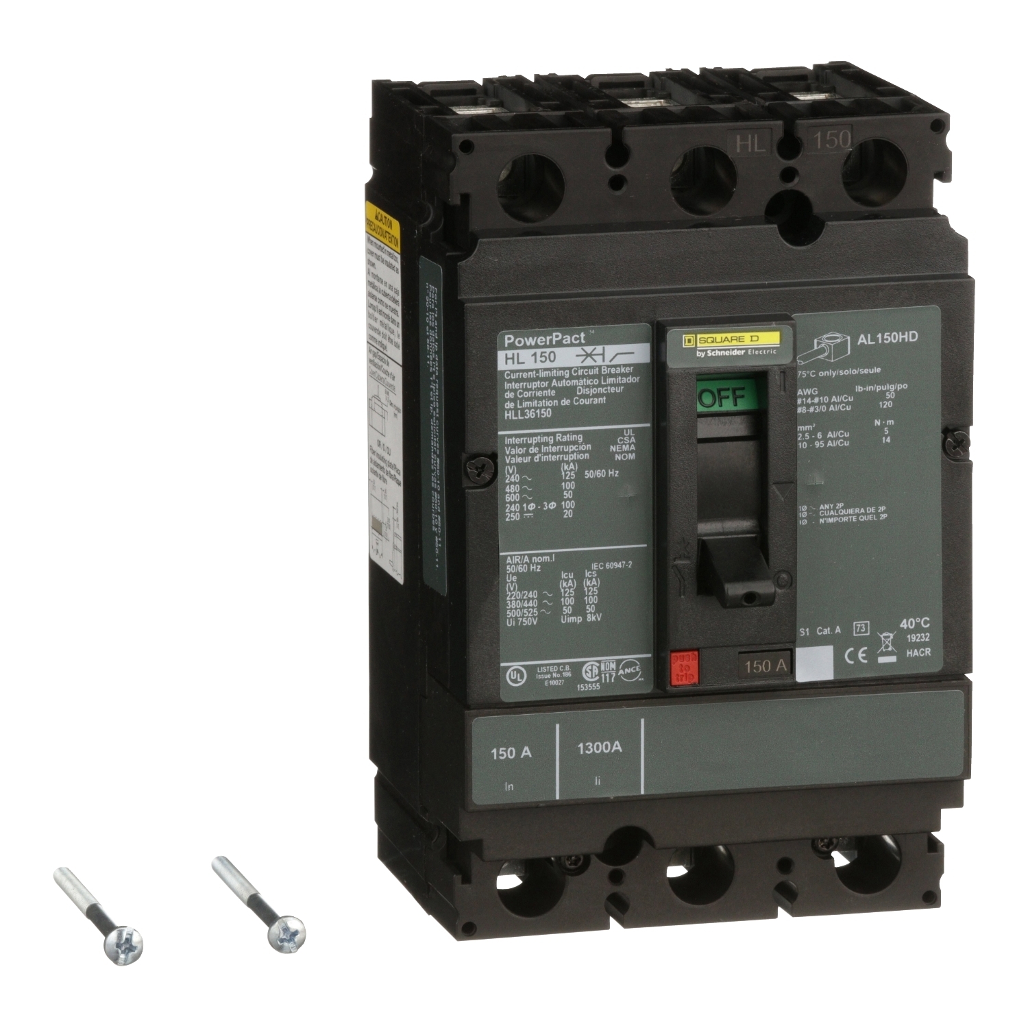 Circuit breaker, PowerPacT H, 150A, 3 pole, 600VAC, 50kA, lugs, thermal magnetic, 80%