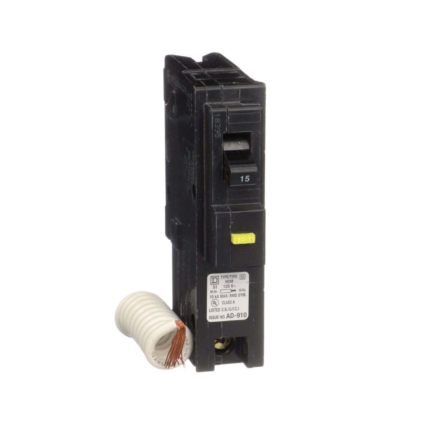 HOM115GFI Homeline Miniature Circuit Breaker, 15 Amp, 1 Pole, 120V