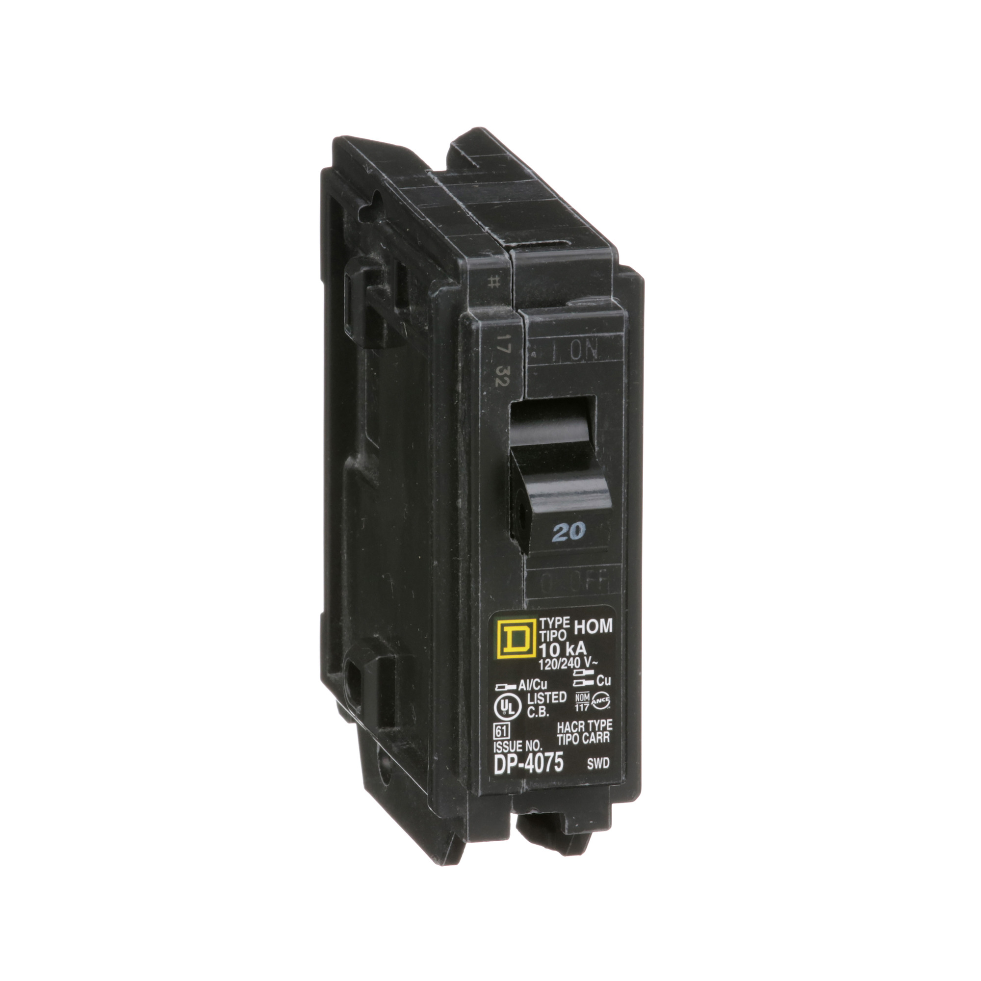 Mini circuit breaker, Homeline, 20A, 1 pole, 120/240VAC, 10kA AIR, standard type, plug in, UL