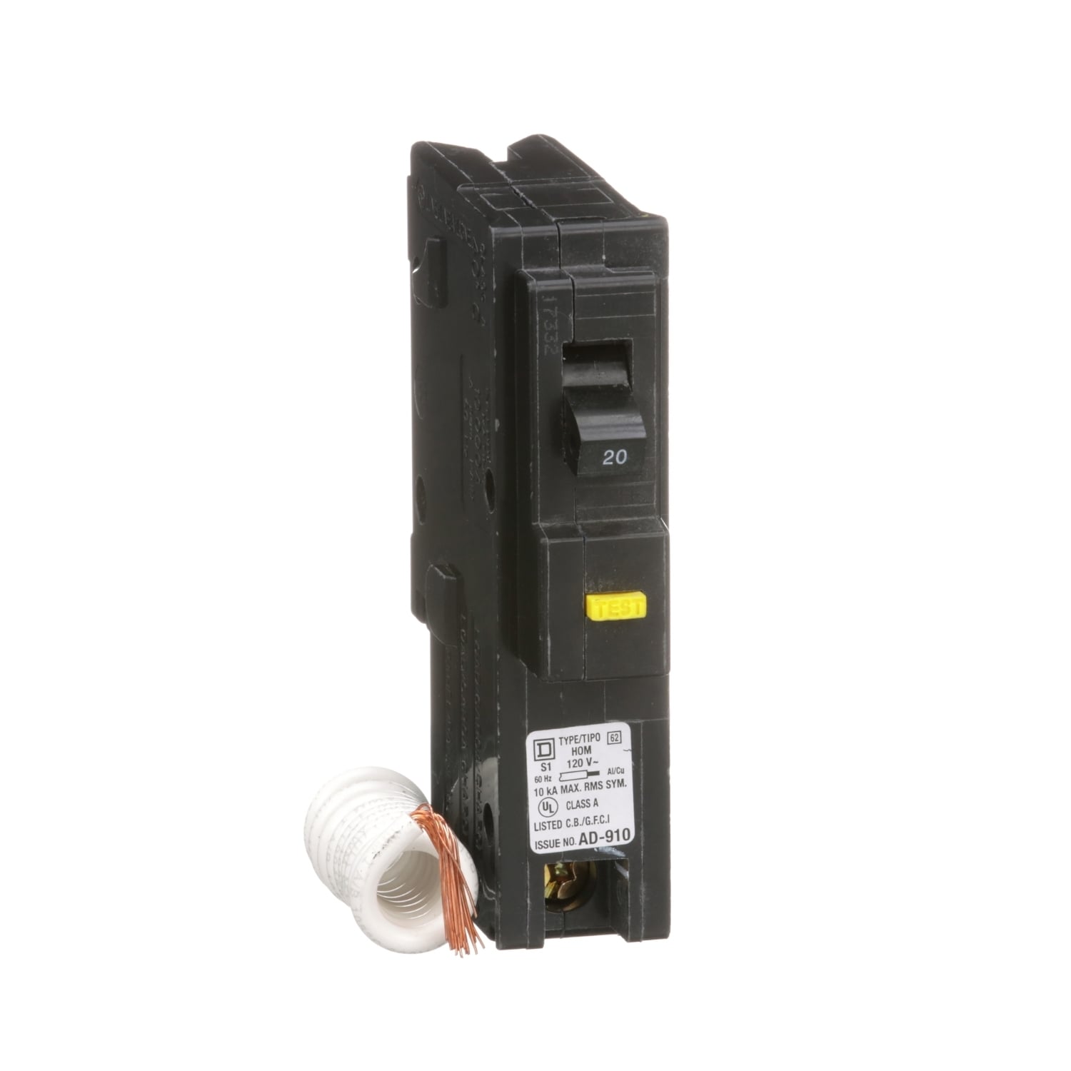 HOM120GFI Homeline Miniature Circuit Breaker, 20 Amp, 1 Pole, 120V