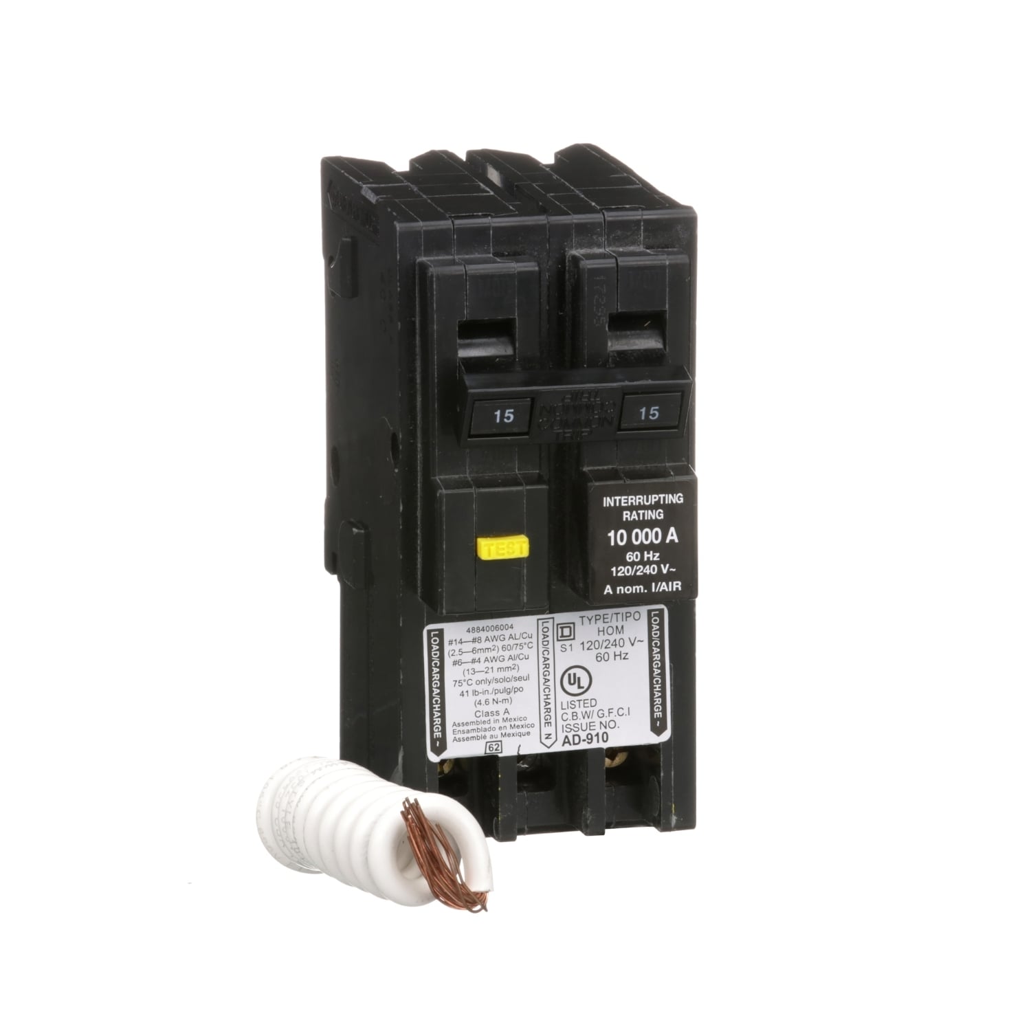 HOM215GFI Homeline Miniature Circuit Breaker, 15 Amp, 2 Pole, 120/240V
