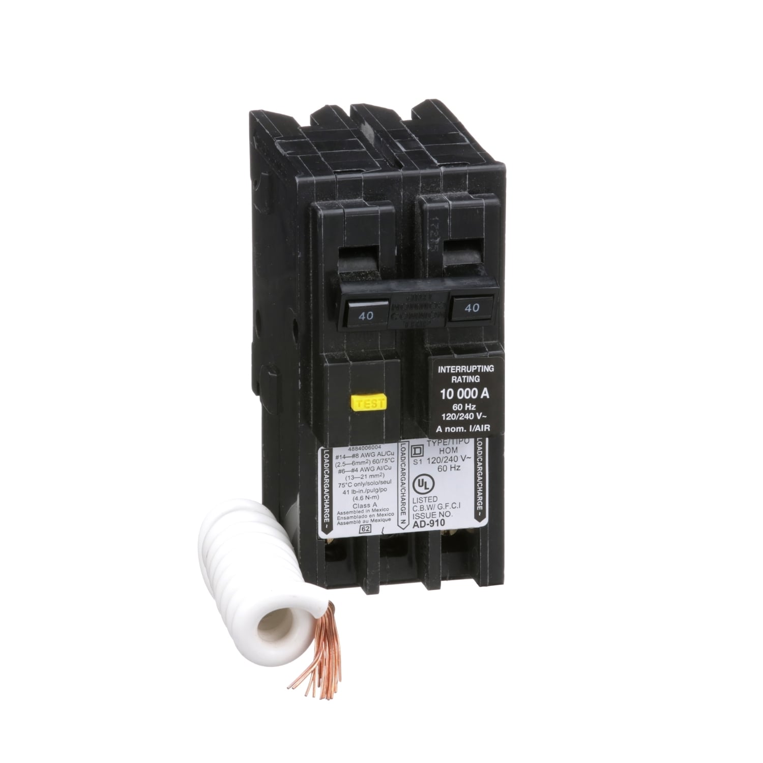 HOM240GFI Homeline Miniature Circuit Breaker, 40 Amp, 2 Pole, 120/240V