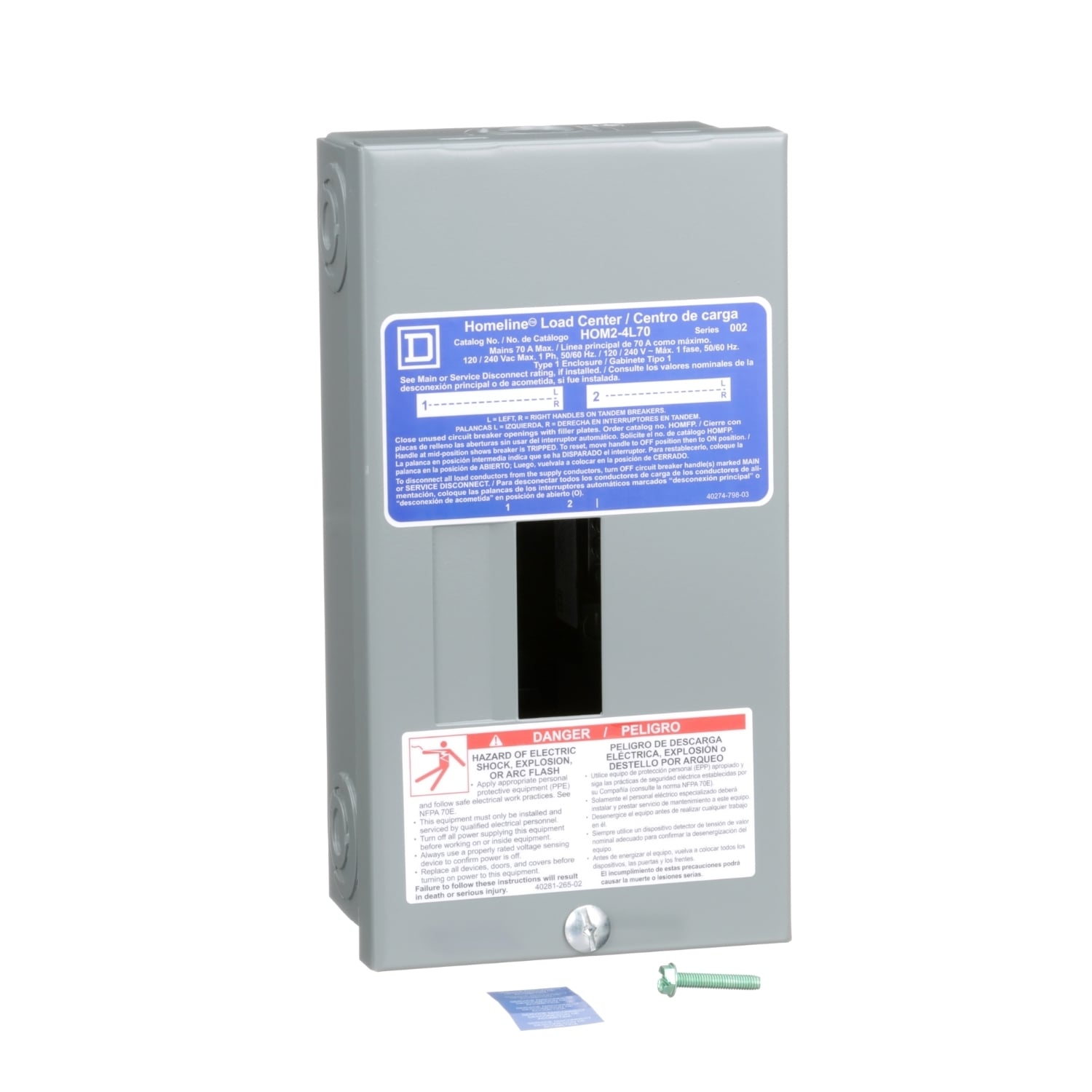 HOM24L70S Homeline Load center, Homeline, 1 phase, 2 spaces, 4 circuits, 70A fixed main lugs, NEMA1, surface cover