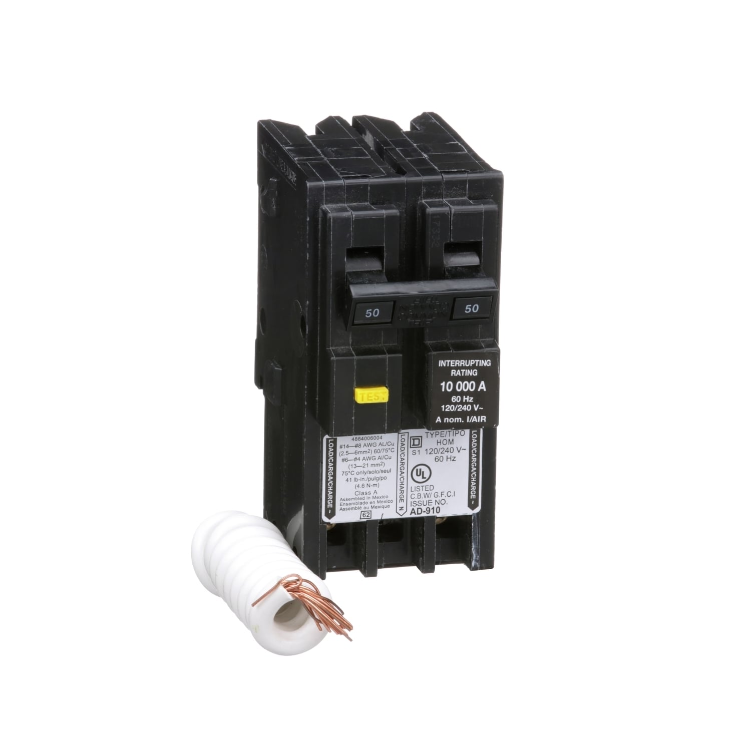 HOM250GFI Homeline Miniature Circuit Breaker, 50 Amp, 2 Pole, 120/240V