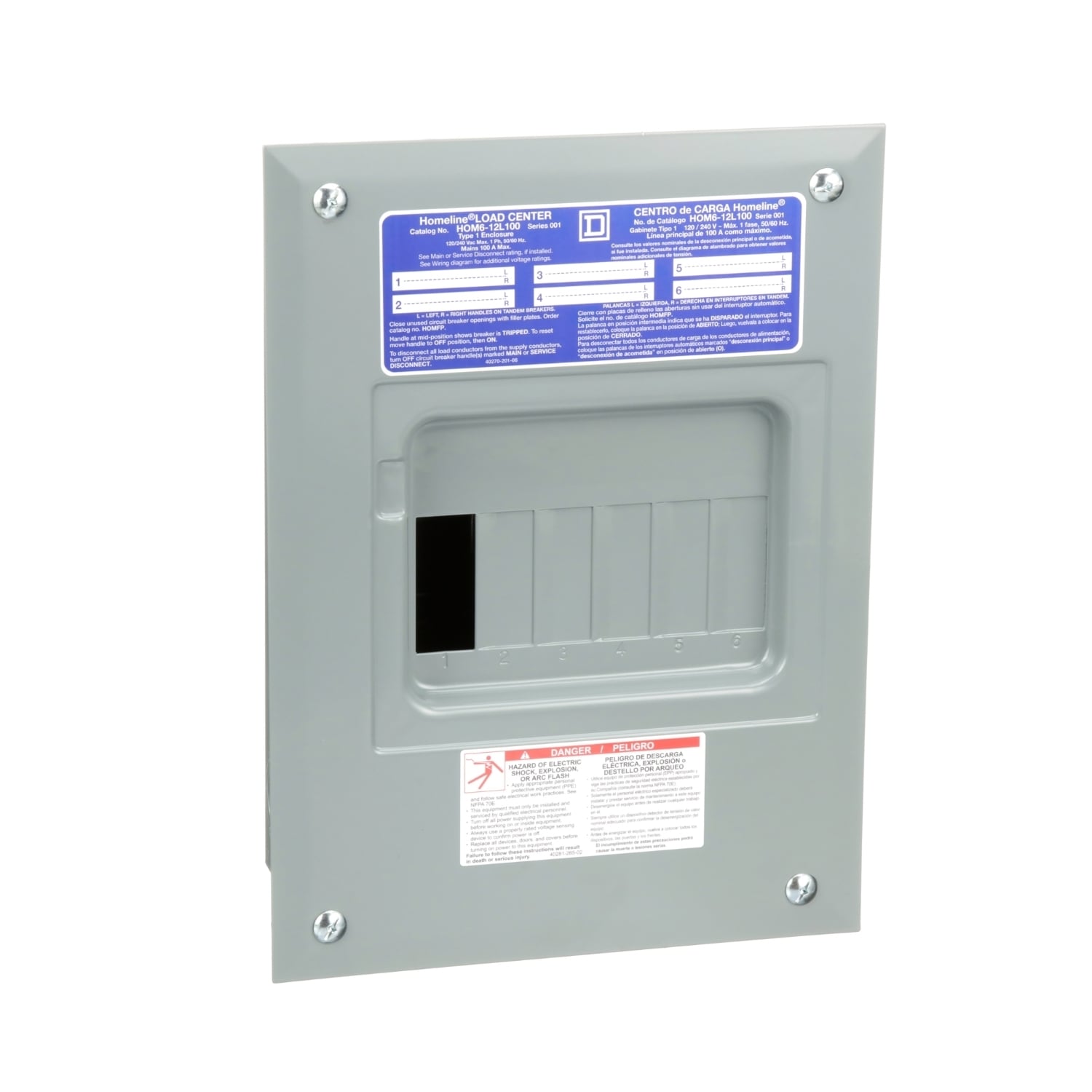 HOM612L100F Homeline Load center, Homeline, 1 phase, 6 spaces, 12 circuits, 100A fixed main lugs, NEMA1, flush cover