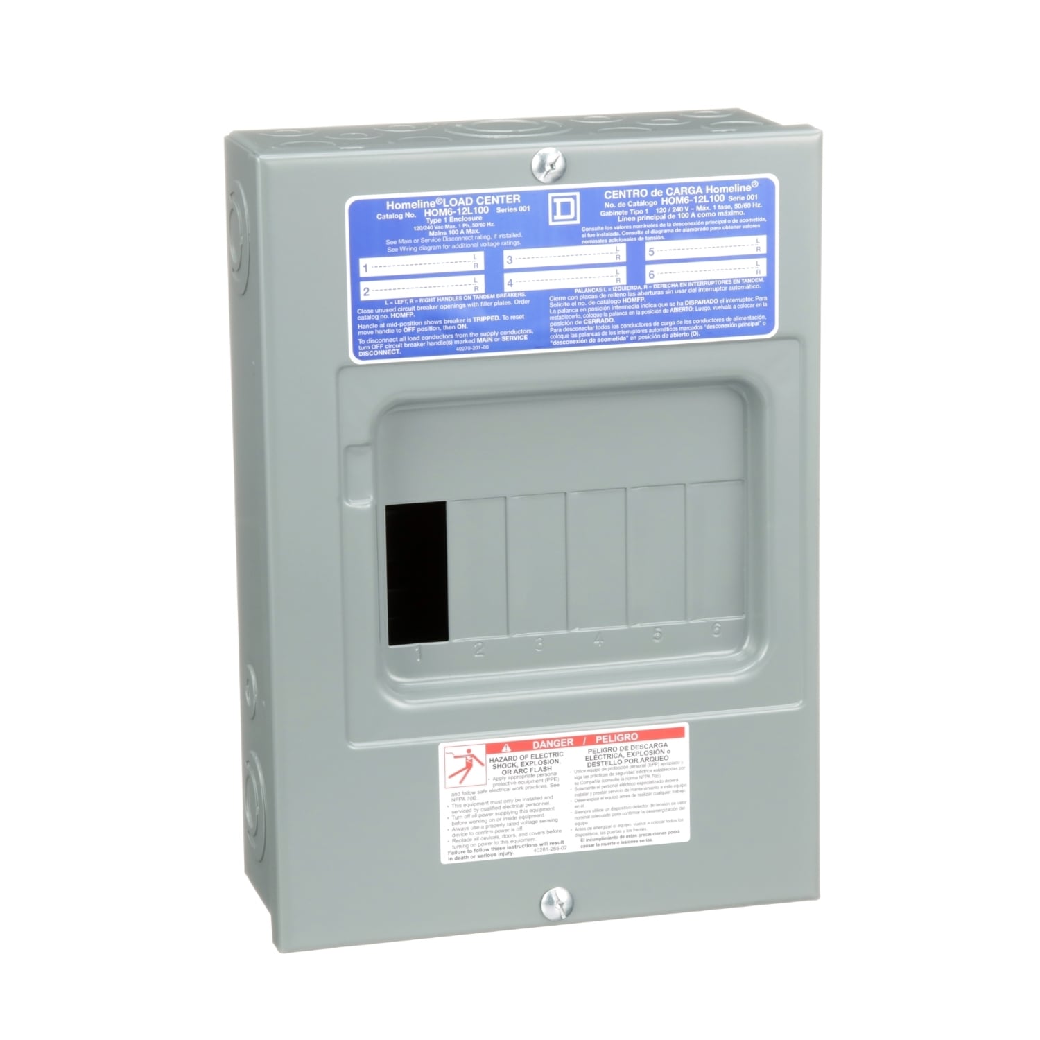HOM612L100S Homeline Load center, Homeline, 1 phase, 6 spaces, 12 circuits, 100A fixed main lugs, NEMA1, surface cover