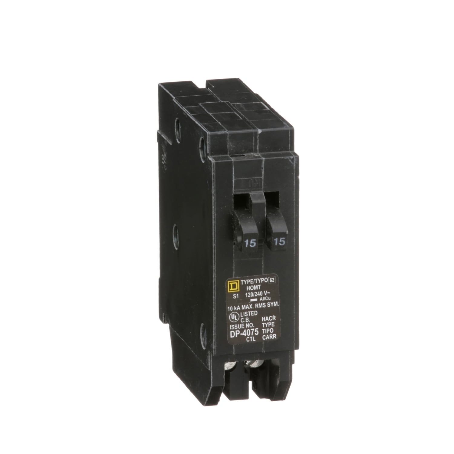 HOMT1515 Homeline Tandem circuit breaker, Homeline, 2 x 1 pole at 15A, 120/240VAC, 10kA AIR, plug in, UL