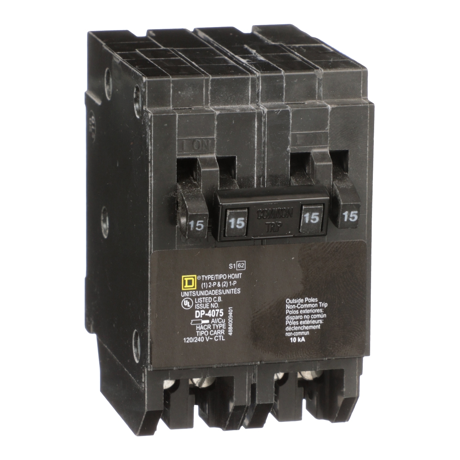 HOMT1515215 Homeline Tandem circuit breaker, Homeline, 2 x 1 pole at 15A, 1 x 2 pole at 15A, 120/240VAC, 10kA AIR, plug in, UL