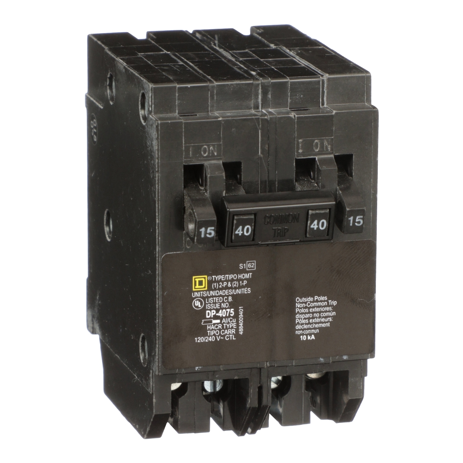 HOMT1515240 Homeline Tandem circuit breaker, Homeline, 2 x 1 pole at 15A, 1 x 2 pole at 40A, 120/240VAC, 10kA AIR, plug in, UL