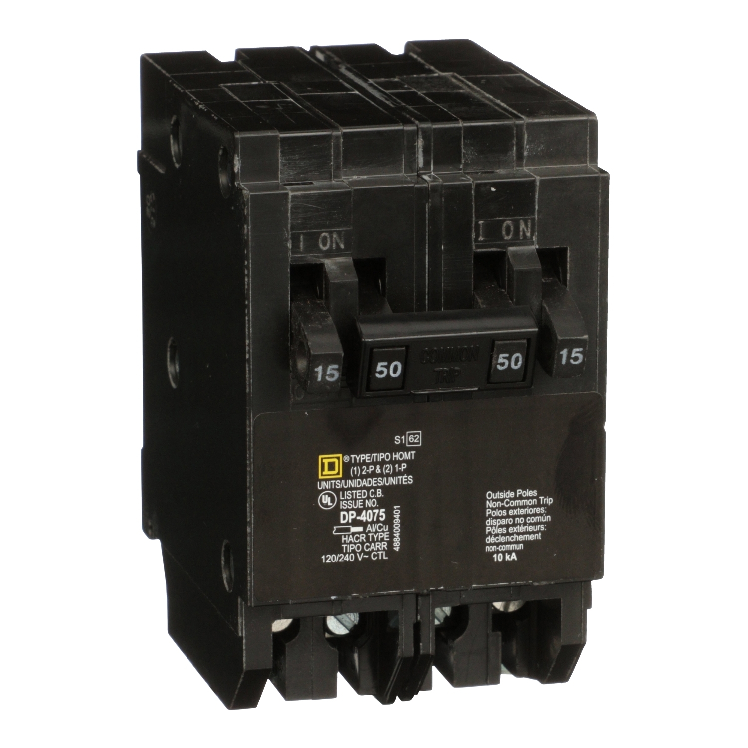 HOMT1515250 Homeline Tandem circuit breaker, Homeline, 2 x 1 pole at 15A, 1 x 2 pole at 50A, 120/240VAC, 10kA AIR, plug in, UL