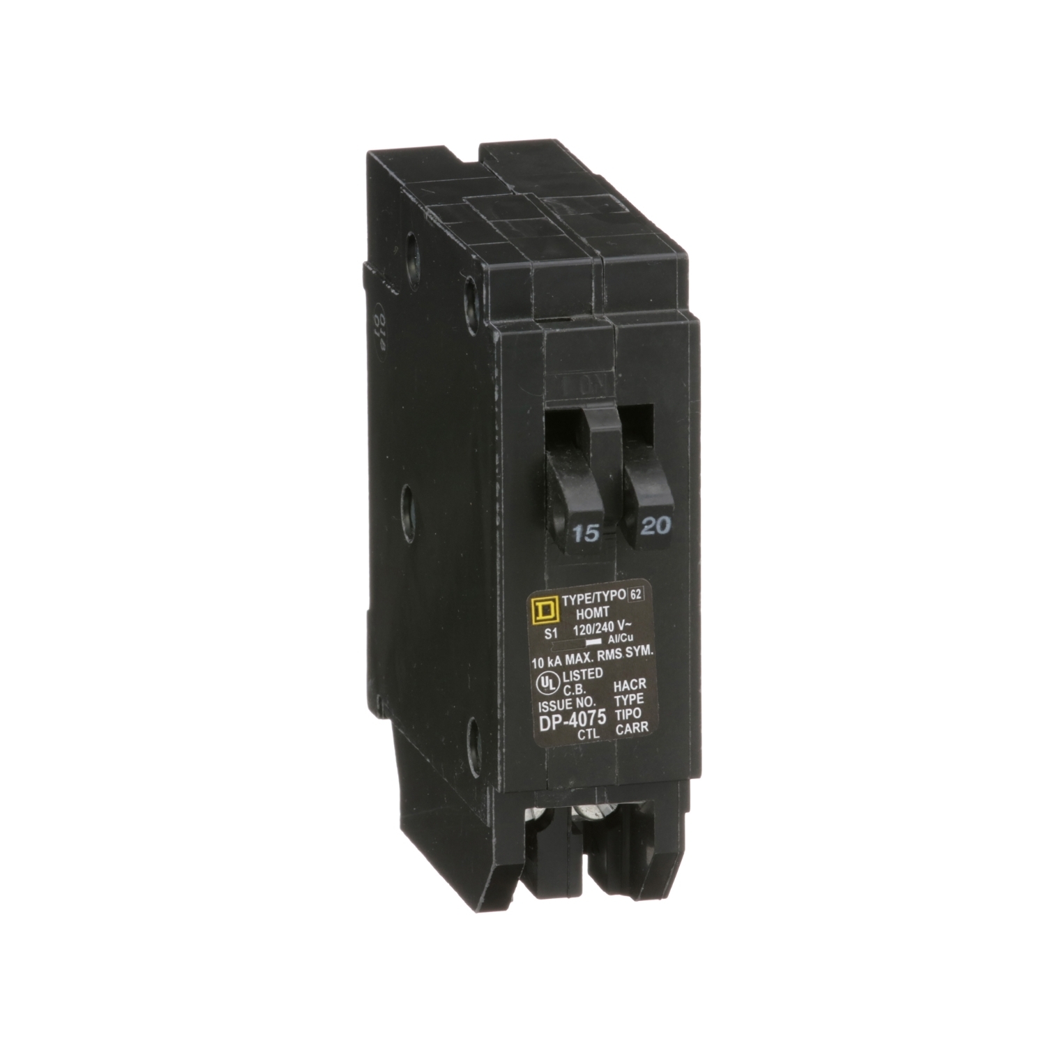 HOMT1520 Homeline Tandem circuit breaker, Homeline, 1 x 1 pole at 15A, 1 x 1 pole at 20A, 120/240VAC, 10kA AIR, plug in, UL