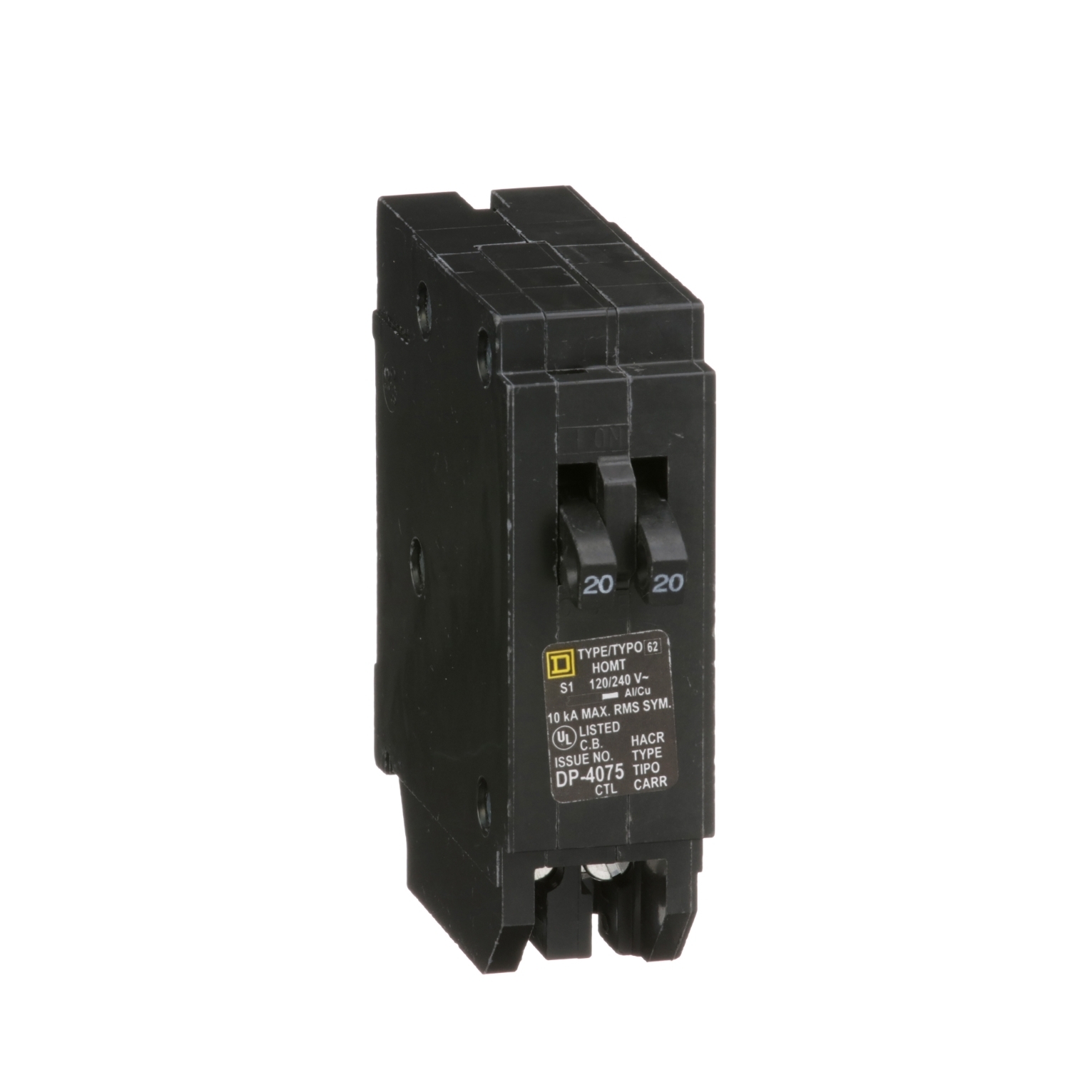 HOMT2020 Homeline Tandem circuit breaker, Homeline, 2 x 1 pole at 20A, 120/240VAC, 10kA AIR, plug in, UL
