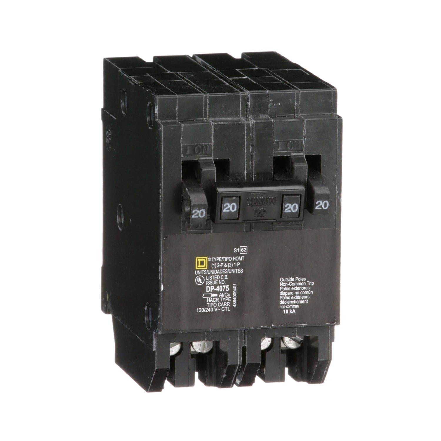 HOMT2020220 Homeline Tandem circuit breaker, Homeline, 2 x 1 pole at 20A, 1 x 2 pole at 20A, 120/240VAC, 10kA AIR, plug in, UL