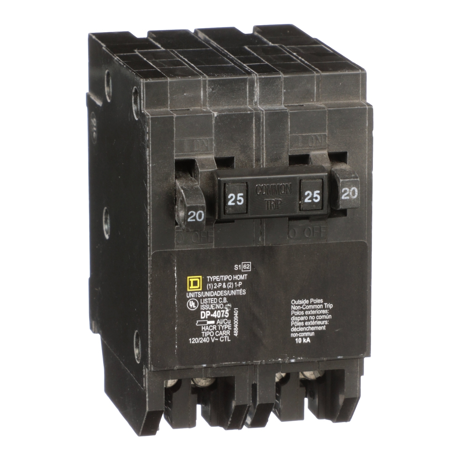 HOMT2020225 Homeline Tandem circuit breaker, Homeline, 2 x 1 pole at 20A, 1 x 2 pole at 25A, 120/240VAC, 10kA AIR, plug in, UL