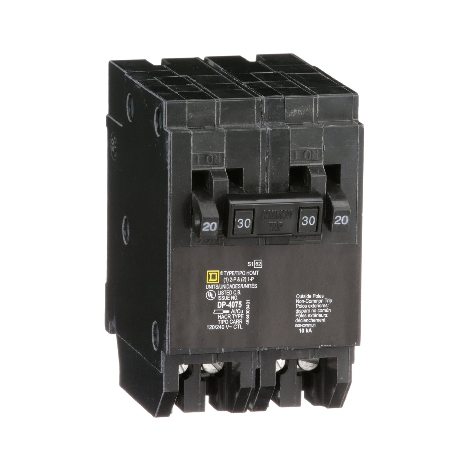 HOMT2020230 Homeline Tandem circuit breaker, Homeline, 2 x 1 pole at 20A, 1 x 2 pole at 30A, 120/240VAC, 10kA AIR, plug in, UL