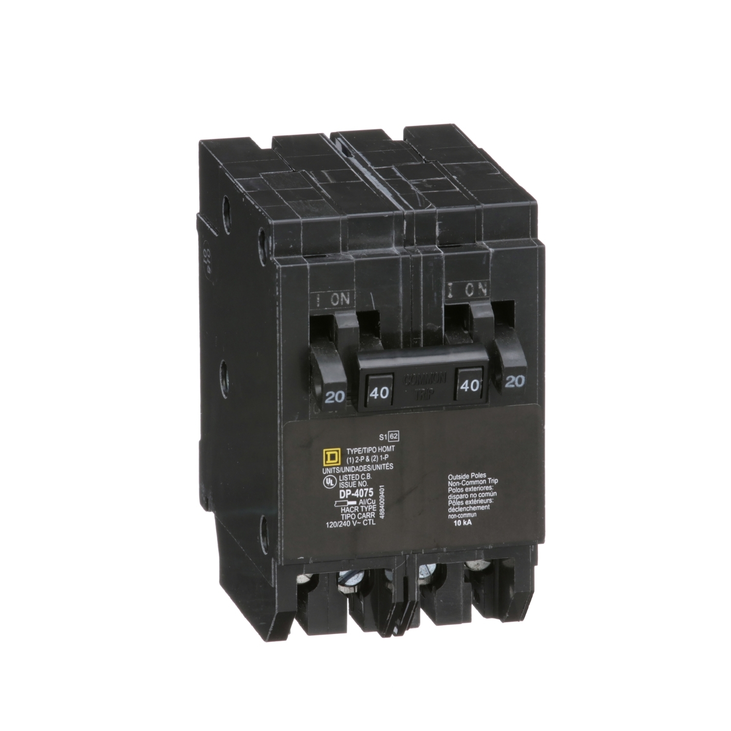HOMT2020240 Homeline Tandem circuit breaker, Homeline, 2 x 1 pole at 20A, 1 x 2 pole at 40A, 120/240VAC, 10kA AIR, plug in, UL