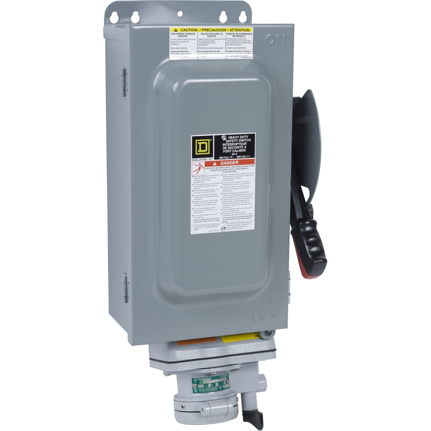 Safety switch, heavy duty, non fusible, 60A, 600VAC/DC, 3 poles, 60HP, NEMA 12K, Appleton Powertite receptacle