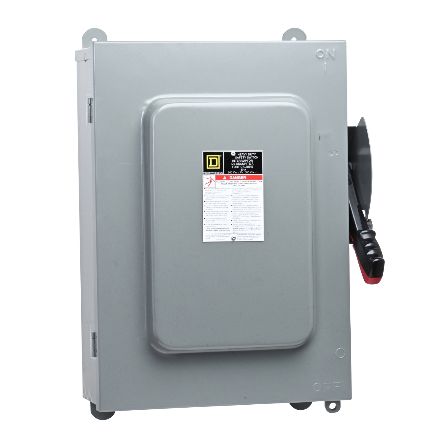 Safety switch, heavy duty, non fusible, 30A, 4 pole, 30HP, 600V AC/DC, NEMA 12
