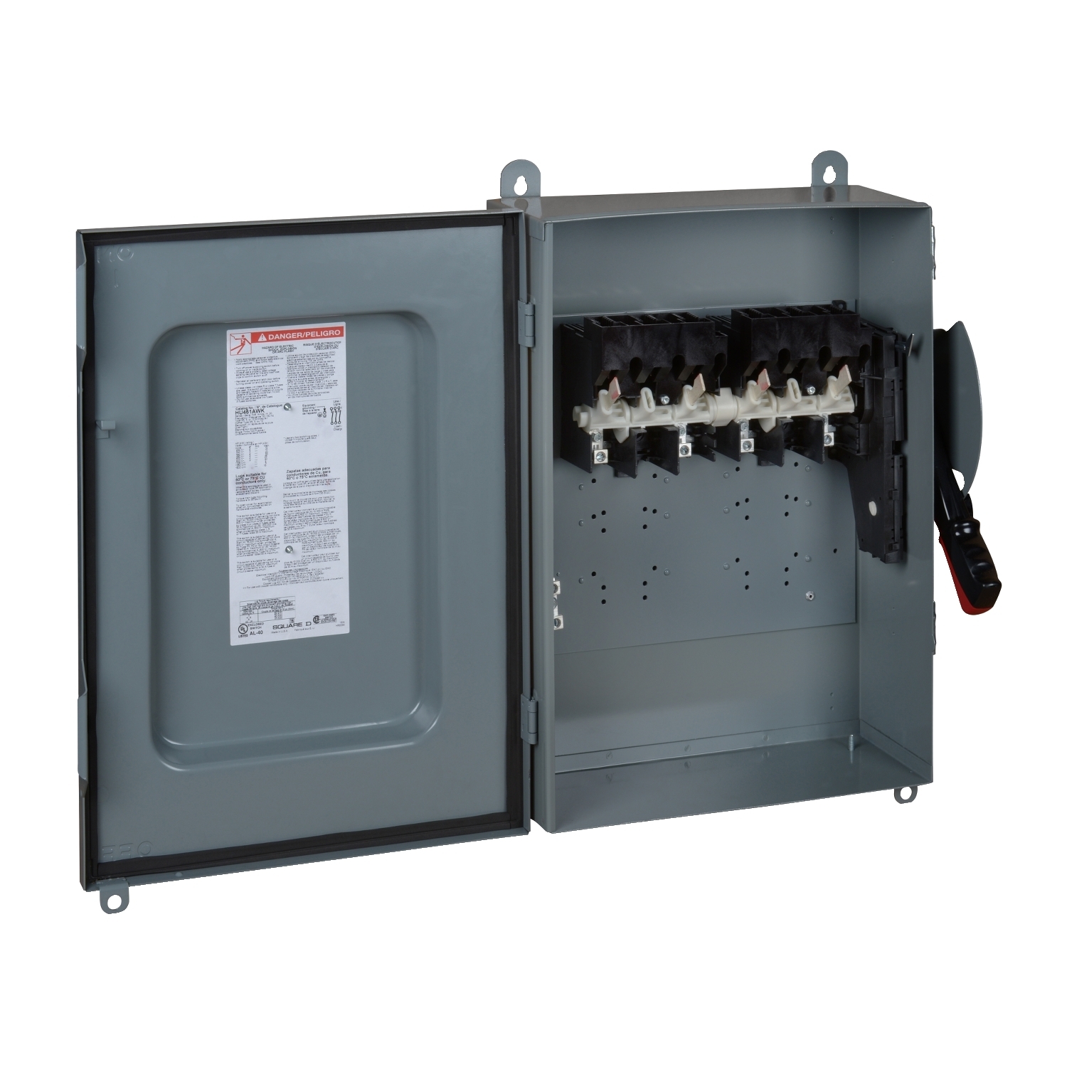 Safety switch, heavy duty, non fusible, 30A, 4 pole, 30hp, 600VAC/DC, NEMA 12, interlock kit