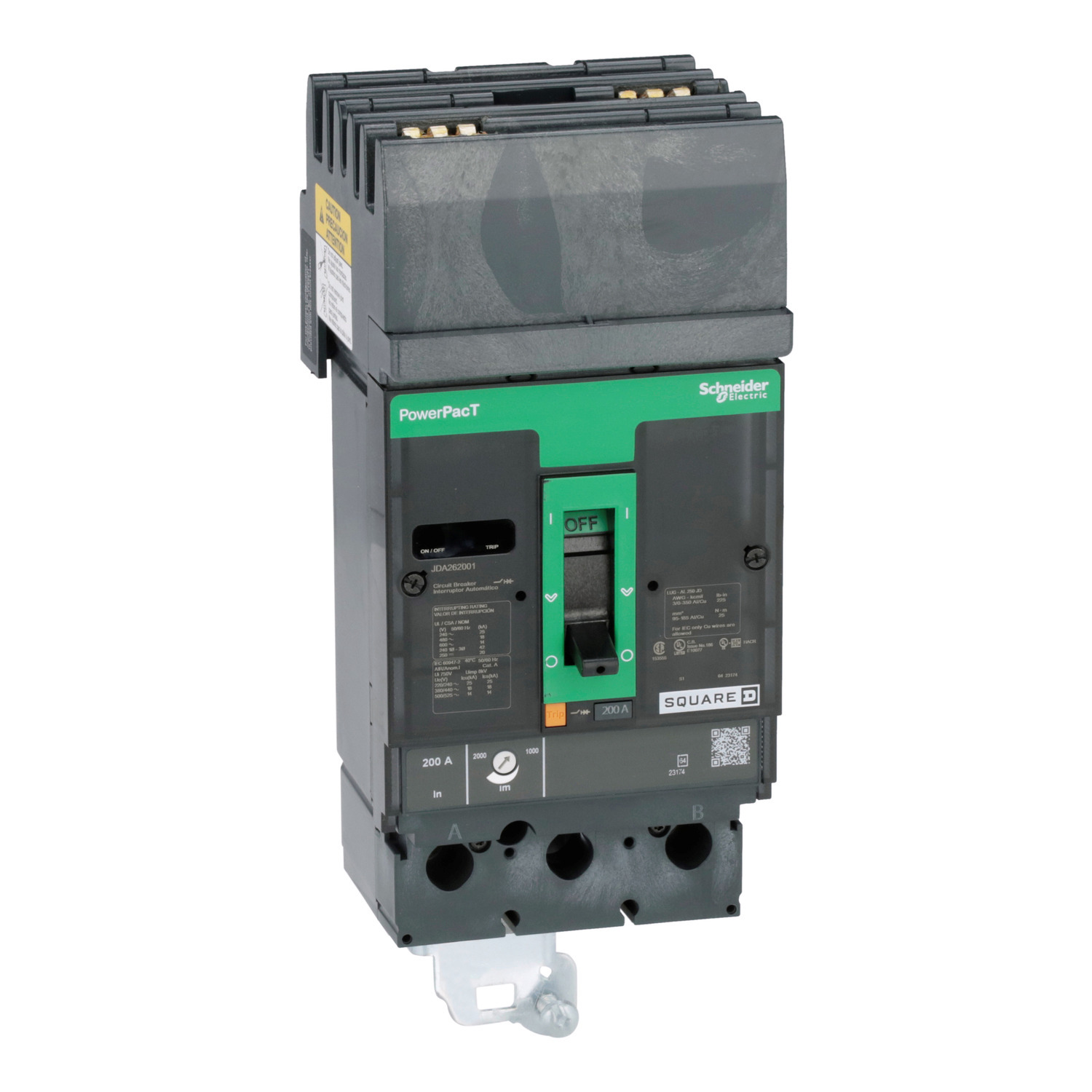 Circuit breaker, PowerPacT J, 200A, 2 pole, 600VAC, 14kA, I-Line, thermal magnetic, 80%, AB