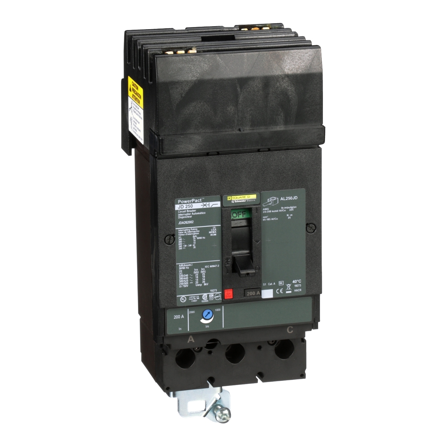 Circuit breaker, PowerPacT J, 200A, 2 pole, 600VAC, 14kA, I-Line, thermal magnetic, 80%, AC