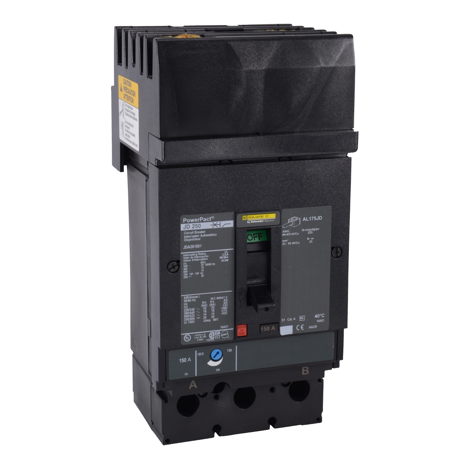 Circuit breaker, PowerPacT J, 225A, 2 pole, 600VAC, 14kA, I-Line, thermal magnetic, 80%, AB