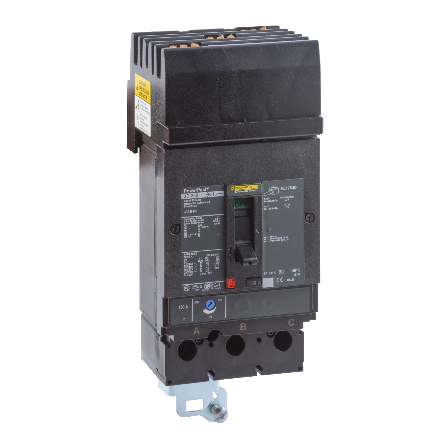 Circuit breaker, PowerPacT J, 150A, 3 pole, 600VAC, 14kA, I-Line, thermal magnetic, 80%, ABC