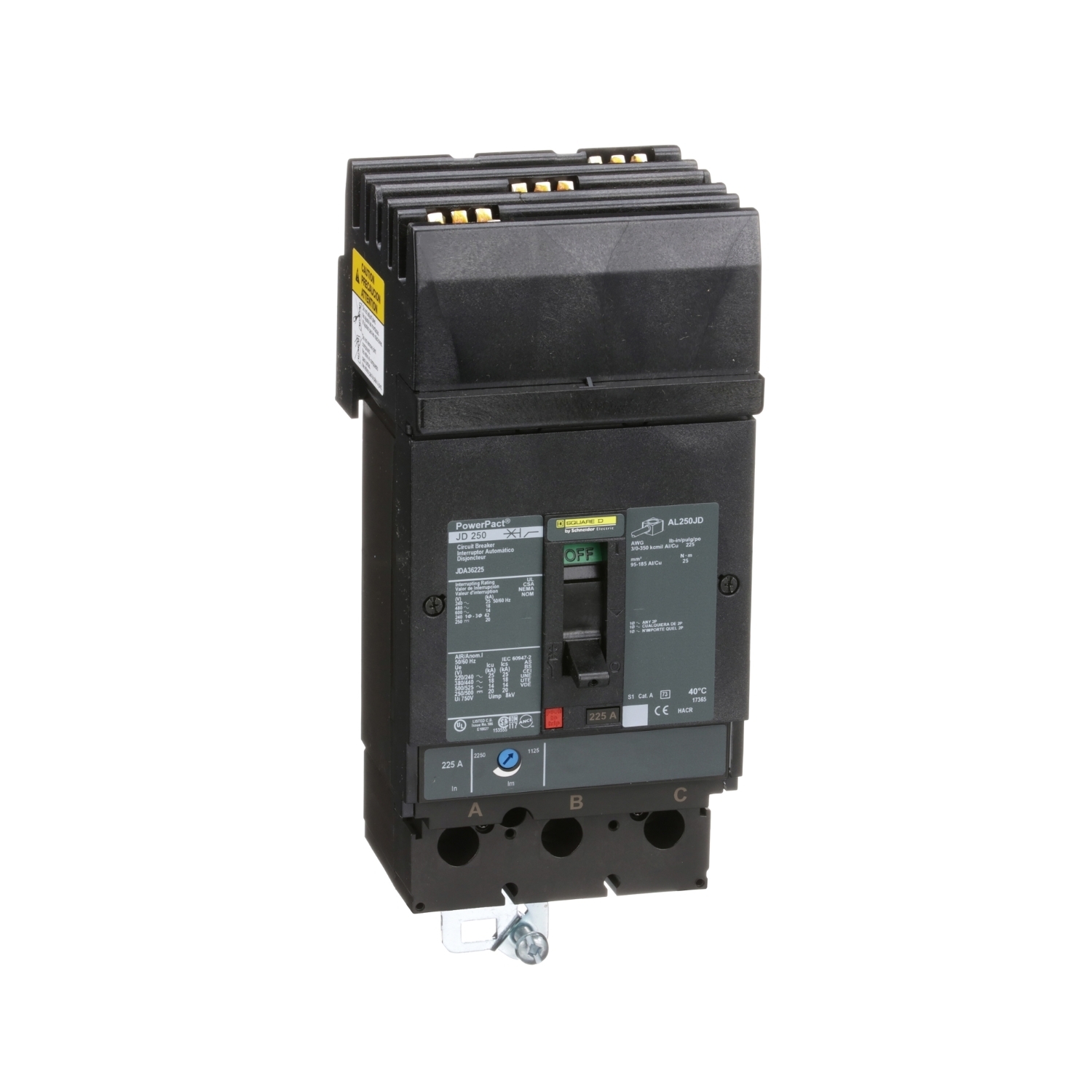 Circuit breaker, PowerPacT J, 225A, 3 pole, 600VAC, 14kA, I-Line, thermal magnetic, 80%, ABC