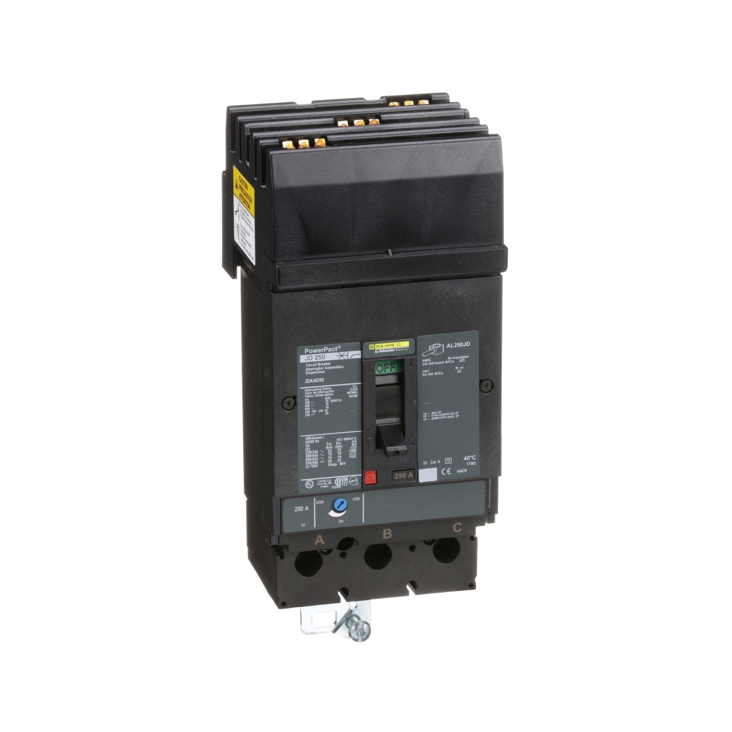 Circuit breaker, PowerPacT J, 250A, 3 pole, 600VAC, 14kA, I-Line, thermal magnetic, 80%, ABC
