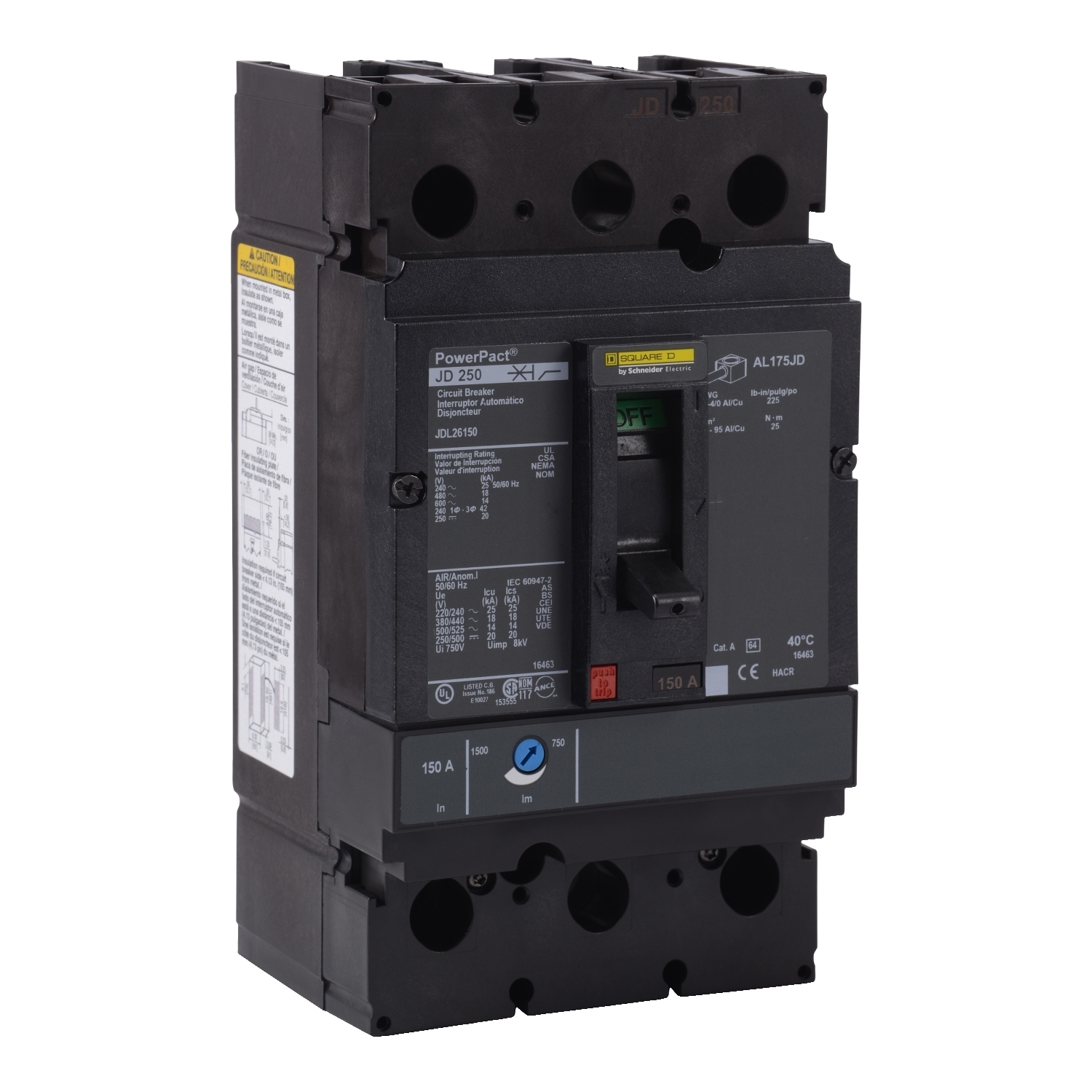 Circuit breaker, PowerPacT J, 150A, 2 pole, 600VAC, 14kA, lugs, thermal magnetic, 80%