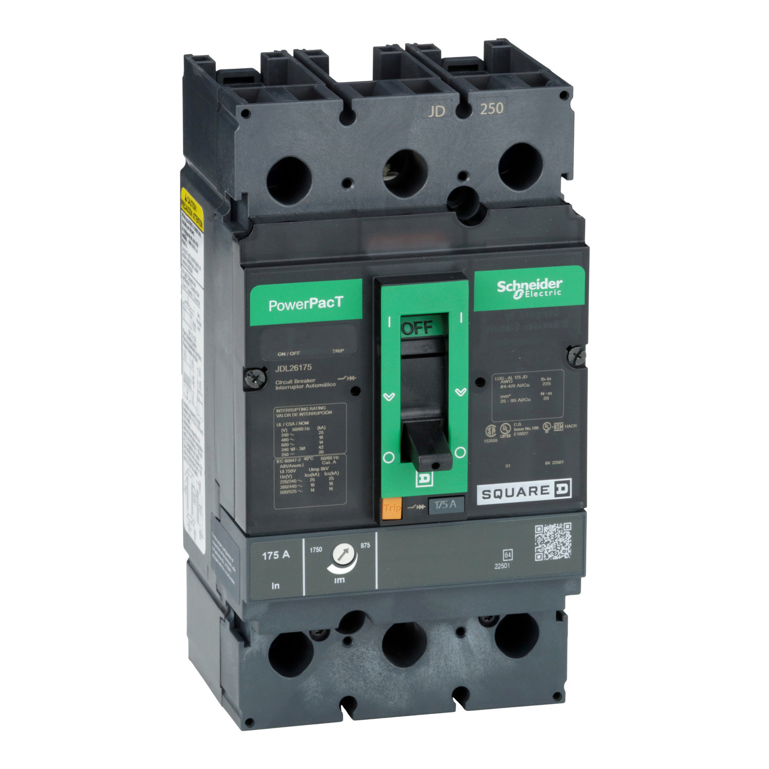 Circuit breaker, PowerPacT J, 175A, 2 pole, 600VAC, 14kA, lugs, thermal magnetic, 80%