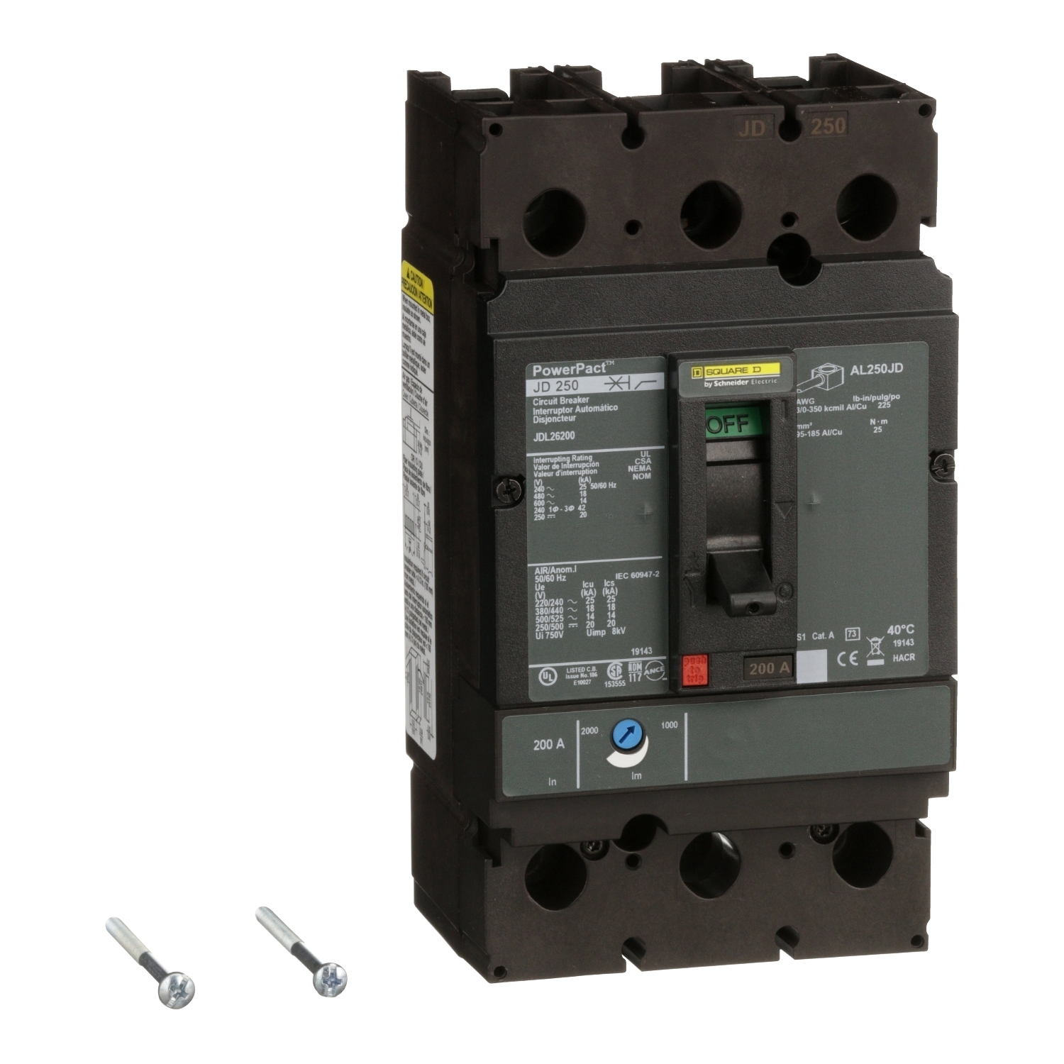 Circuit breaker, PowerPacT J, 200A, 2 pole, 600VAC, 14kA, lugs, thermal magnetic, 80%