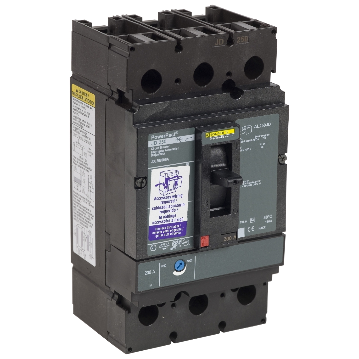 Circuit breaker, PowerPacT J, 200A, 3 pole, 600VAC, 14kA, lugs, thermal magnetic, 80%, low amp lugs