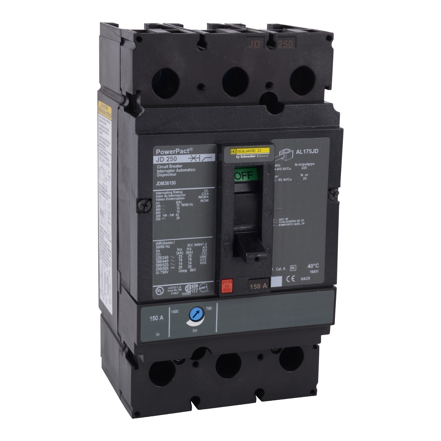 Circuit breaker, PowerPacT J, 250A, 3 pole, 600VAC, 14kA, lugs, thermal magnetic, 80%