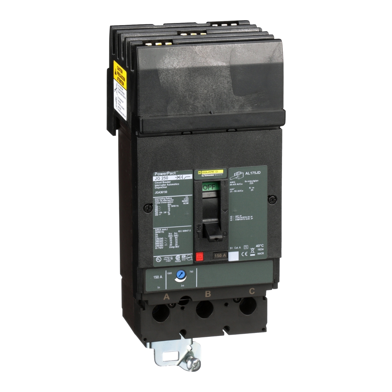 Circuit breaker, PowerPacT J, 150A, 3 pole, 600VAC, 18kA, I-Line, thermal magnetic, 80%, ABC