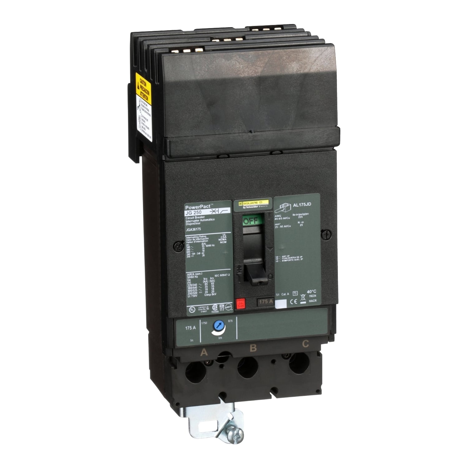 Circuit breaker, PowerPacT J, 175A, 3 pole, 600VAC, 18kA, I-Line, thermal magnetic, 80%, ABC
