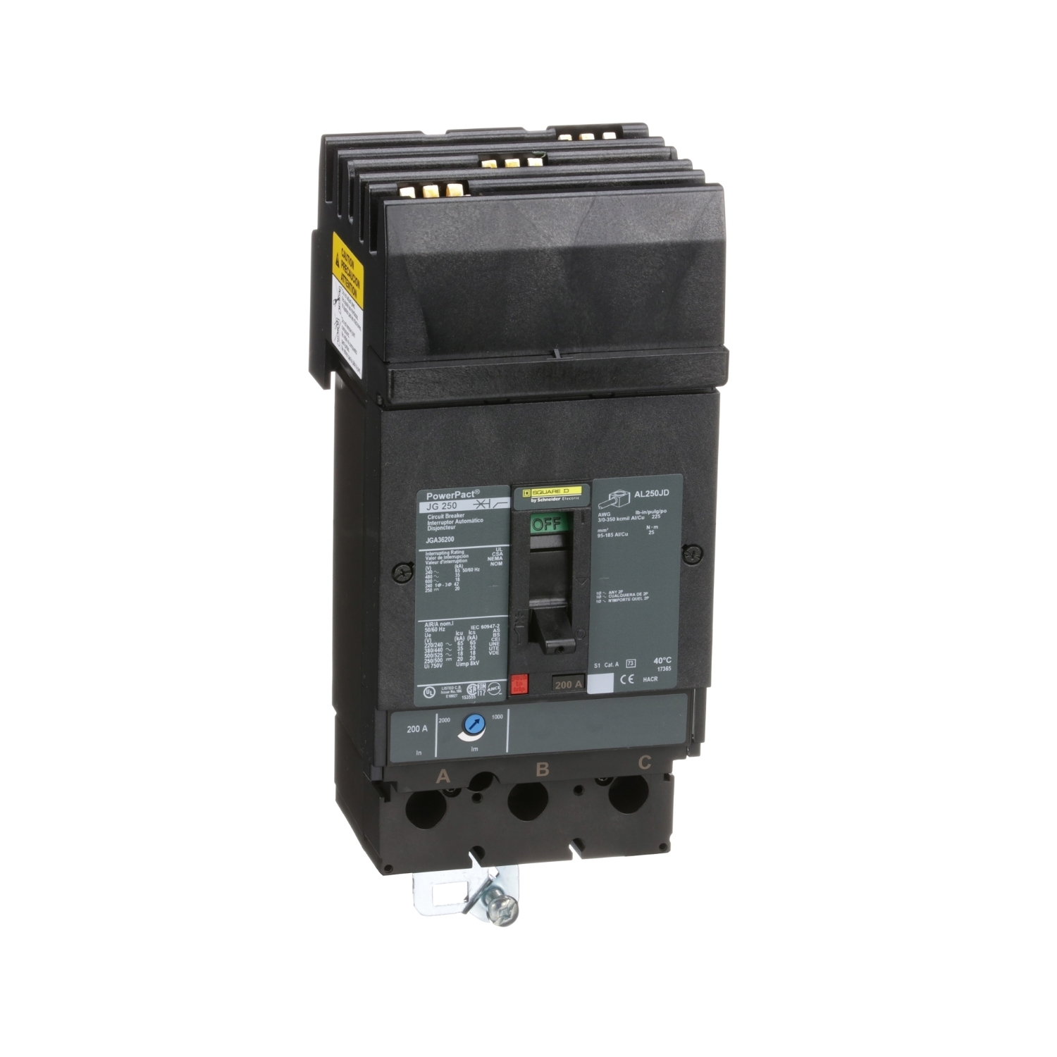 Circuit breaker, PowerPacT J, 200A, 3 pole, 600VAC, 18kA, I-Line, thermal magnetic, 80%, ABC