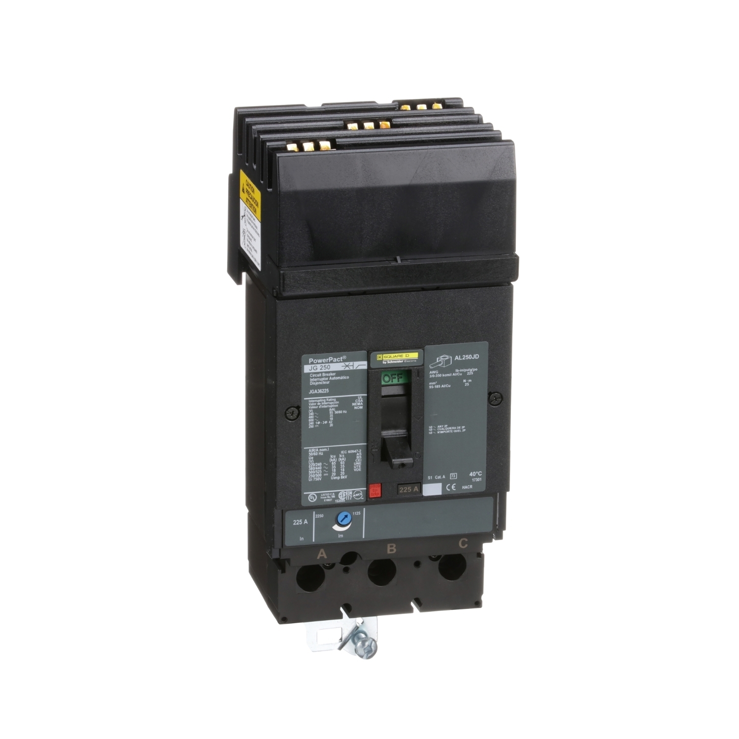 Circuit breaker, PowerPacT J, 225A, 3 pole, 600VAC, 18kA, I-Line, thermal magnetic, 80%, ABC