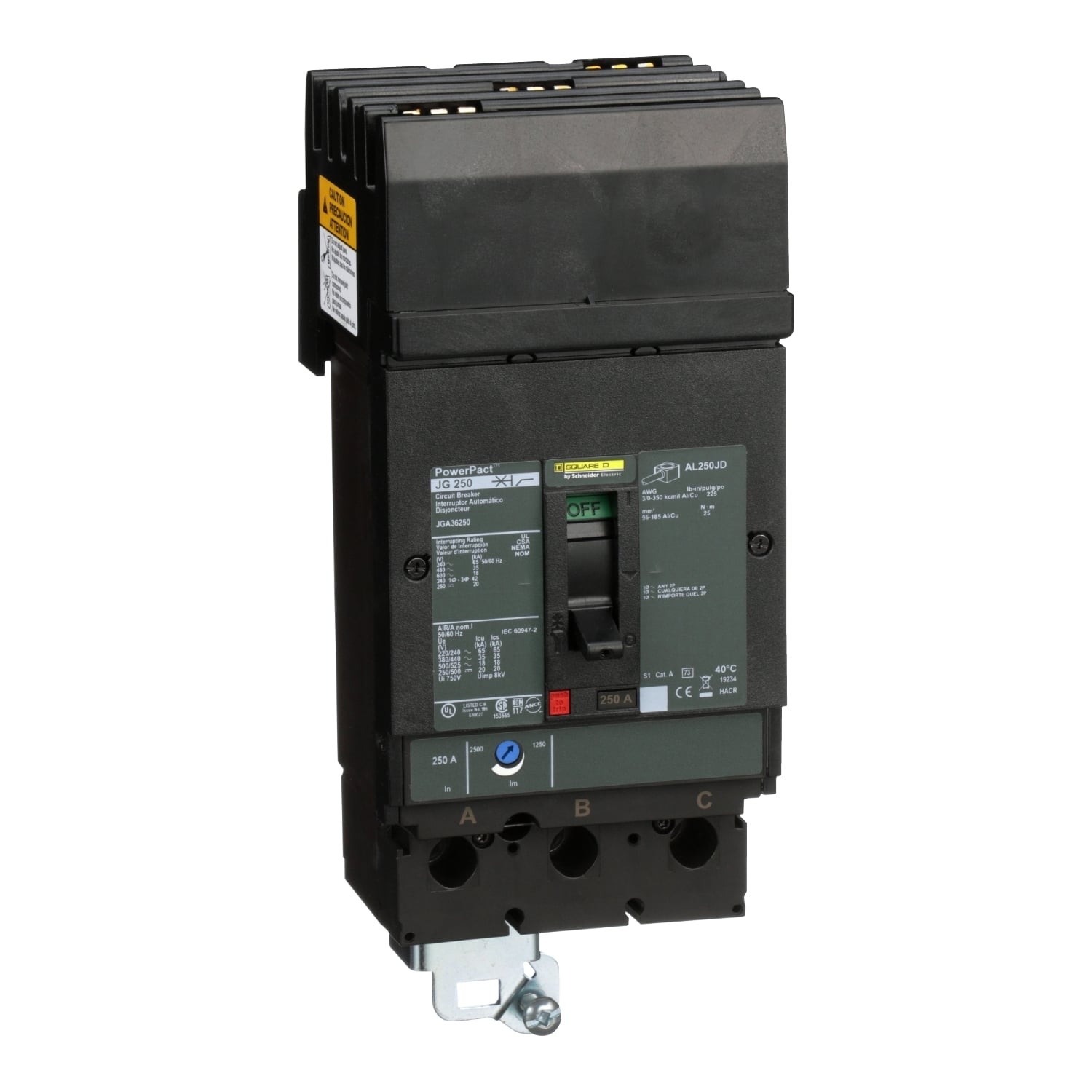 Circuit breaker, PowerPacT J, 250A, 3 pole, 600VAC, 18kA, I-Line, thermal magnetic, 80%, ABC