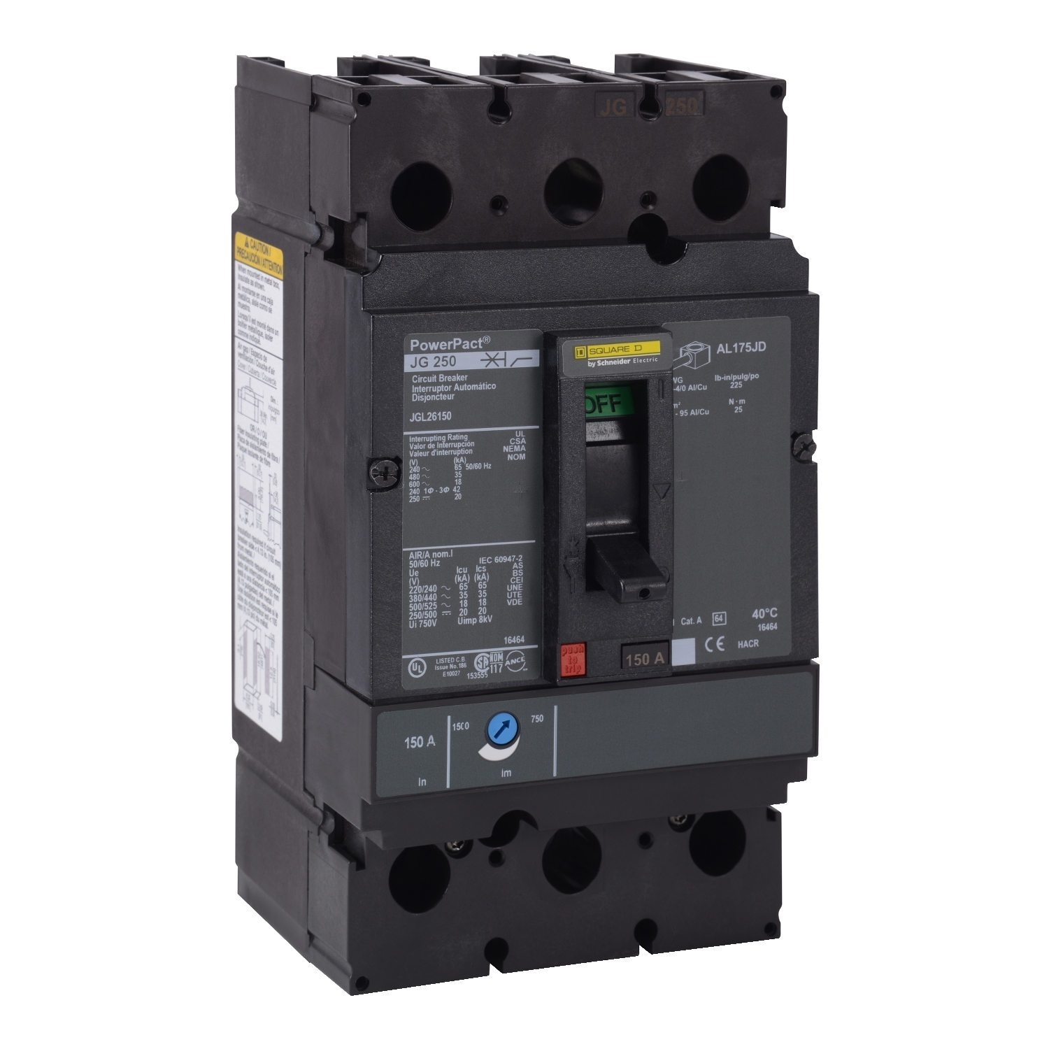 Circuit breaker, PowerPacT J, 150A, 2 pole, 600VAC, 18kA, lugs, thermal magnetic, 80%