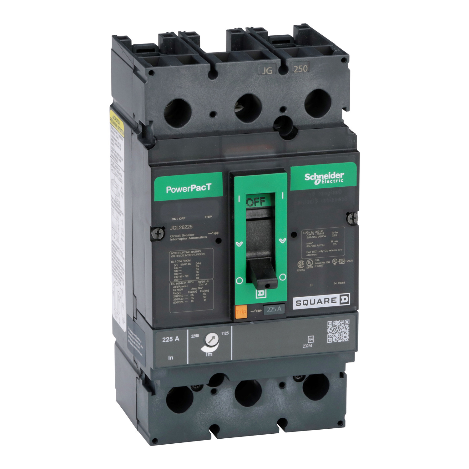 Circuit breaker, PowerPacT J, 225A, 2 pole, 600VAC, 18kA, lugs, thermal magnetic, 80%