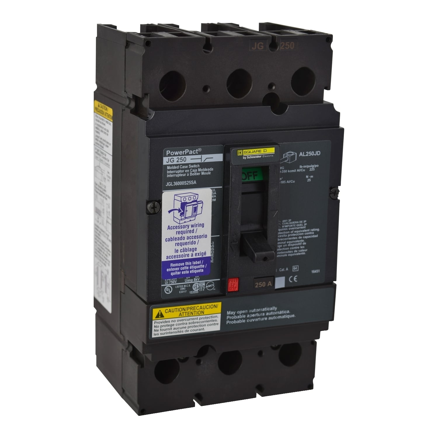 Automatic switch, PowerPacT J, 250A, 3 pole, 600VAC, 18kA, lugs, magnetic, shunt