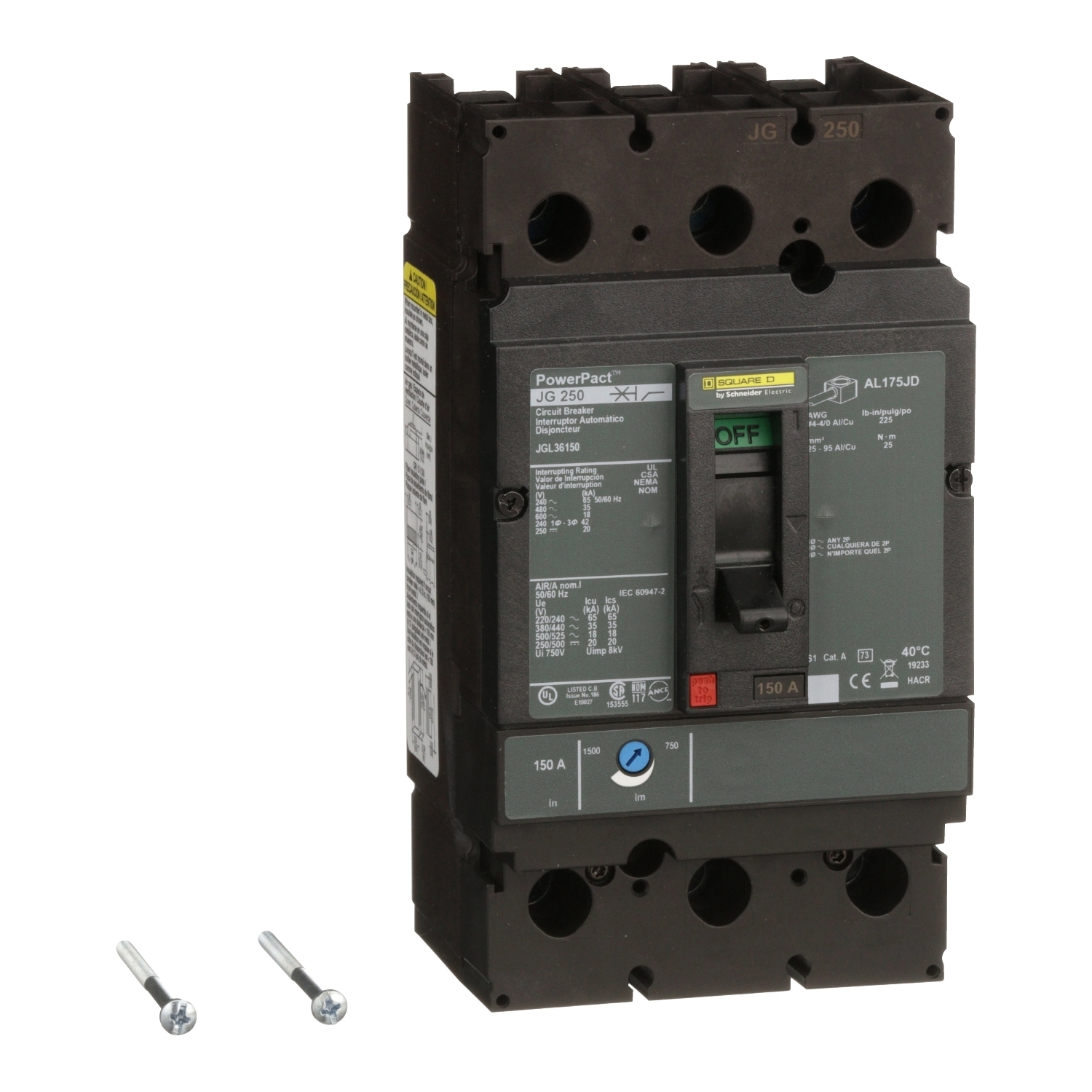 Circuit breaker, PowerPacT J, 150A, 3 pole, 600VAC, 18kA, lugs, thermal magnetic, 80%