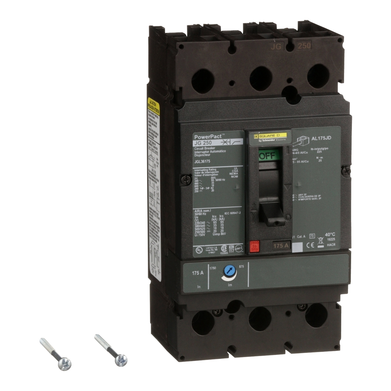 Circuit breaker, PowerPacT J, 175A, 3 pole, 600VAC, 18kA, lugs, thermal magnetic, 80%