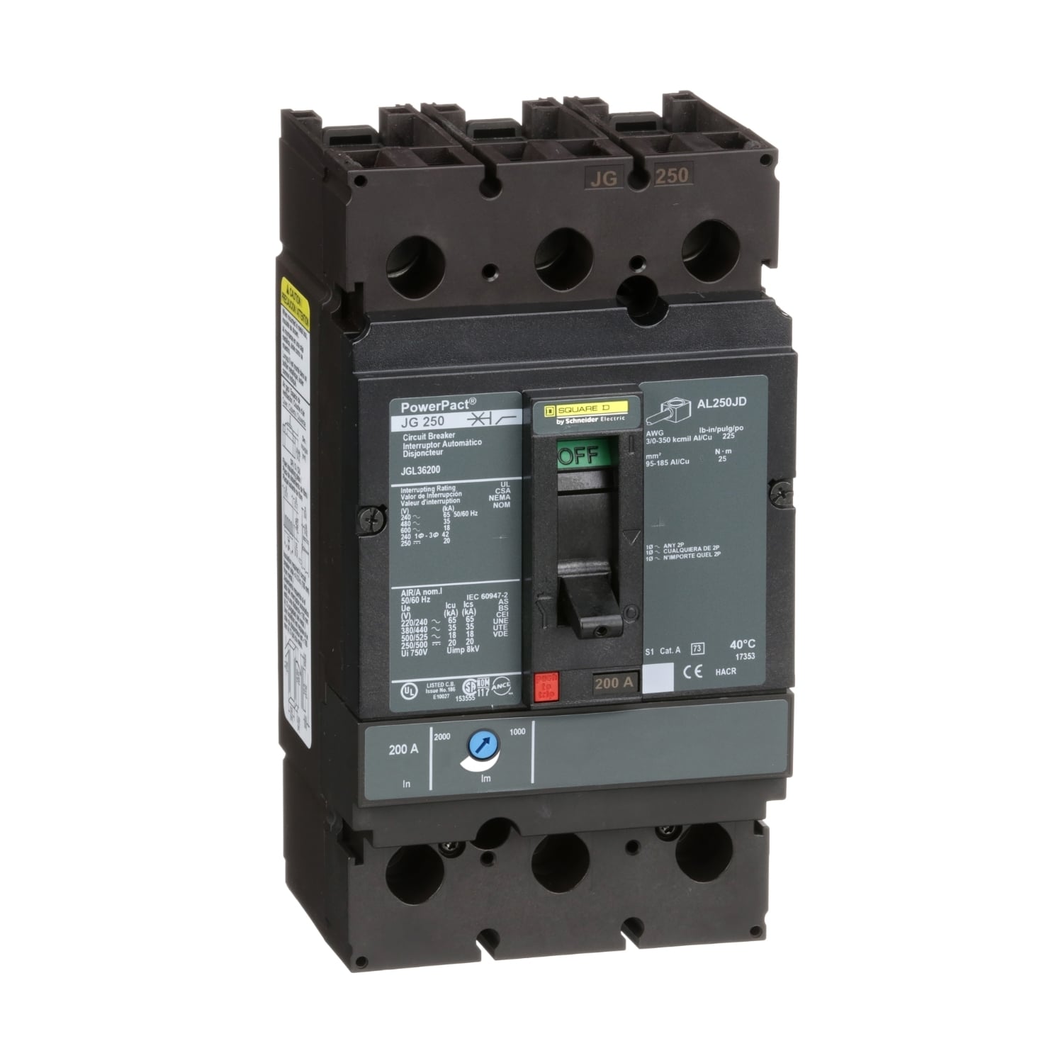 Circuit breaker, PowerPacT J, 200A, 3 pole, 600VAC, 18kA, lugs, thermal magnetic, 80%
