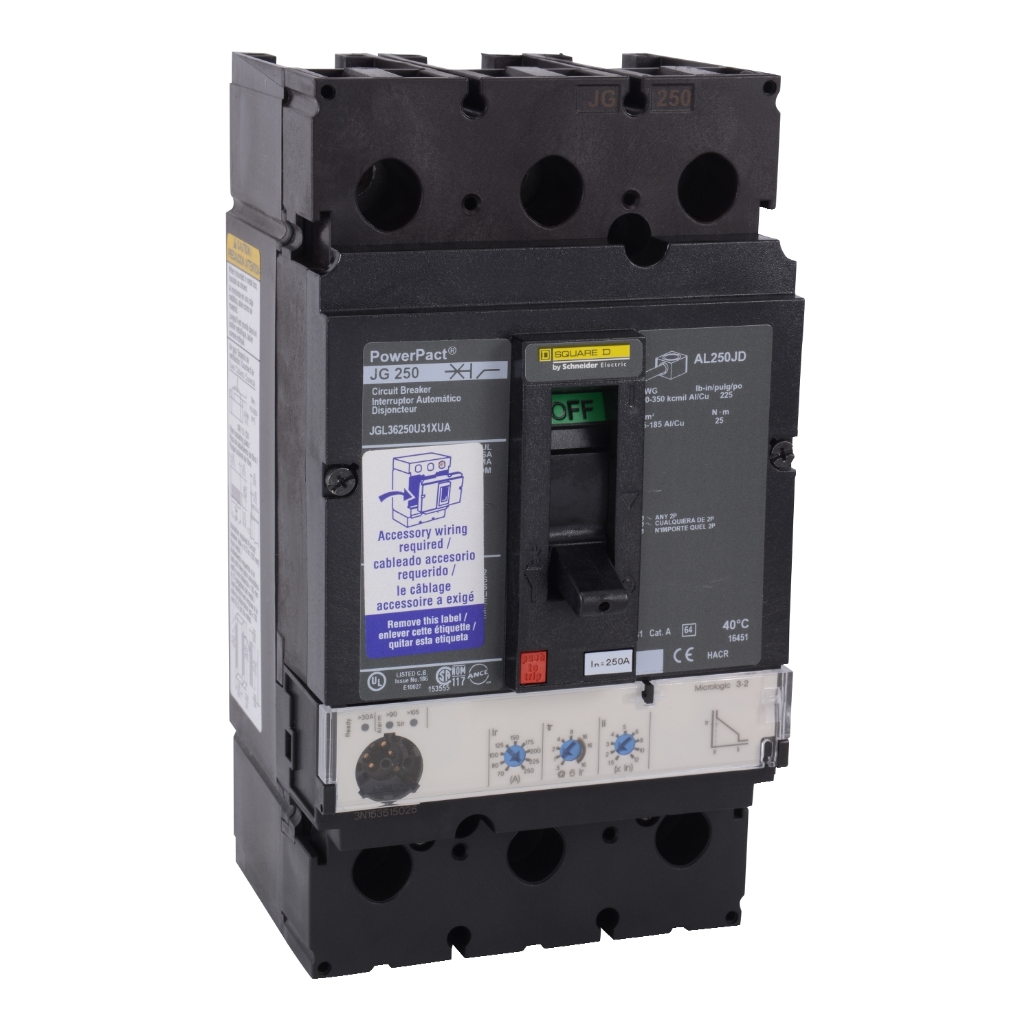 JGL36250U31XUA Molded Case Circuit Breaker, 250 Amp, 3 Pole, 600V