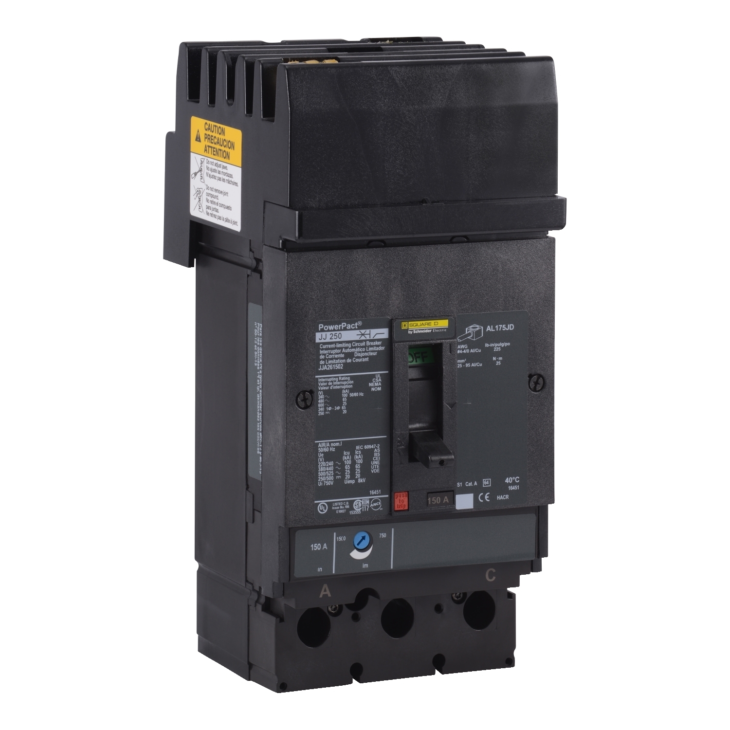 Circuit breaker, PowerPacT J, 225A, 2 pole, 600VAC, 25kA, I-Line, thermal magnetic, 80%, AB